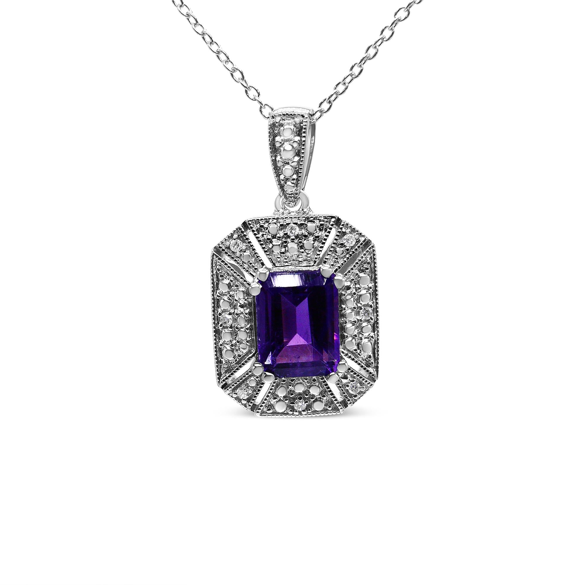 .925 Sterling Silver Purple Amethyst and Diamond Accent Art Deco Style 18" Pendant Necklace (I-J Color, I1-I2 Clarity) - Friggin Jewelry