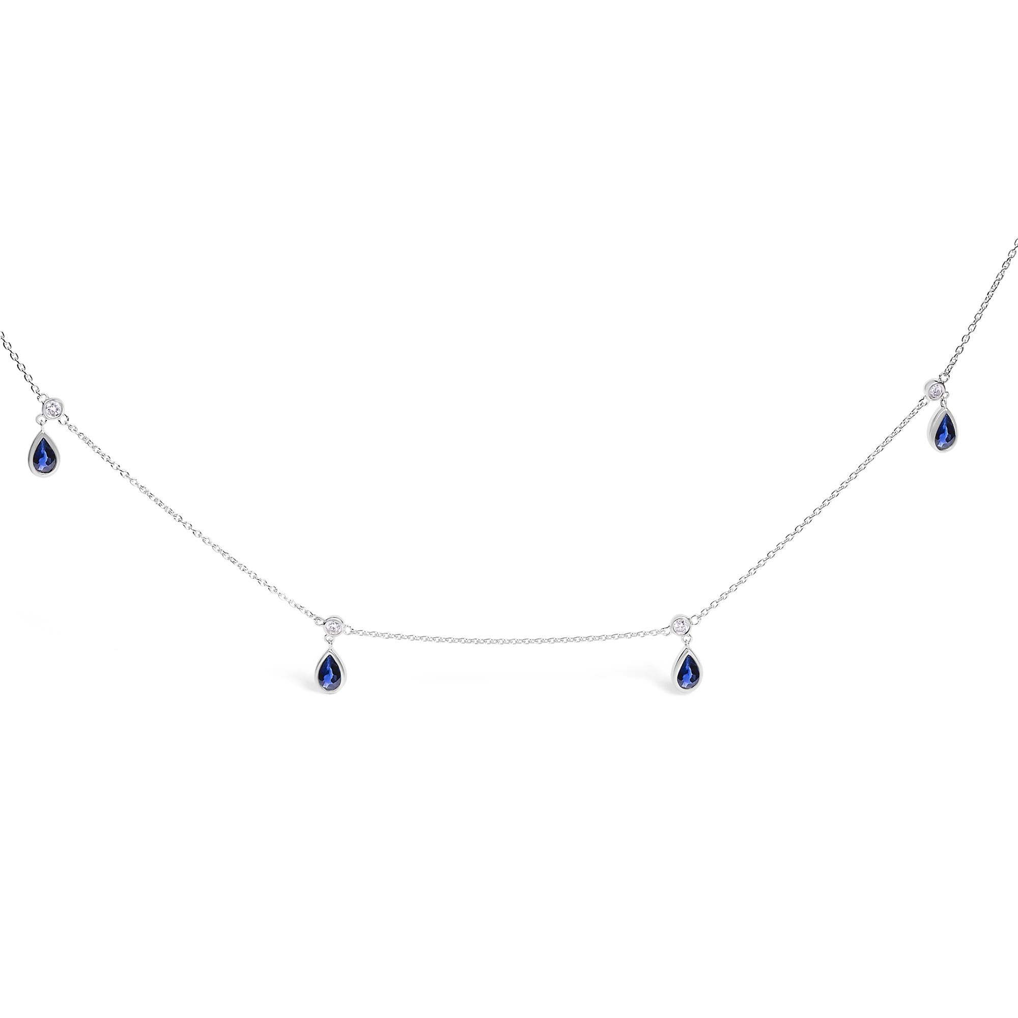 10K White Gold Dangling 5x3 mm Pear Blue Sapphire and Diamond Station Necklace - 18" Inches - Friggin Jewelry
