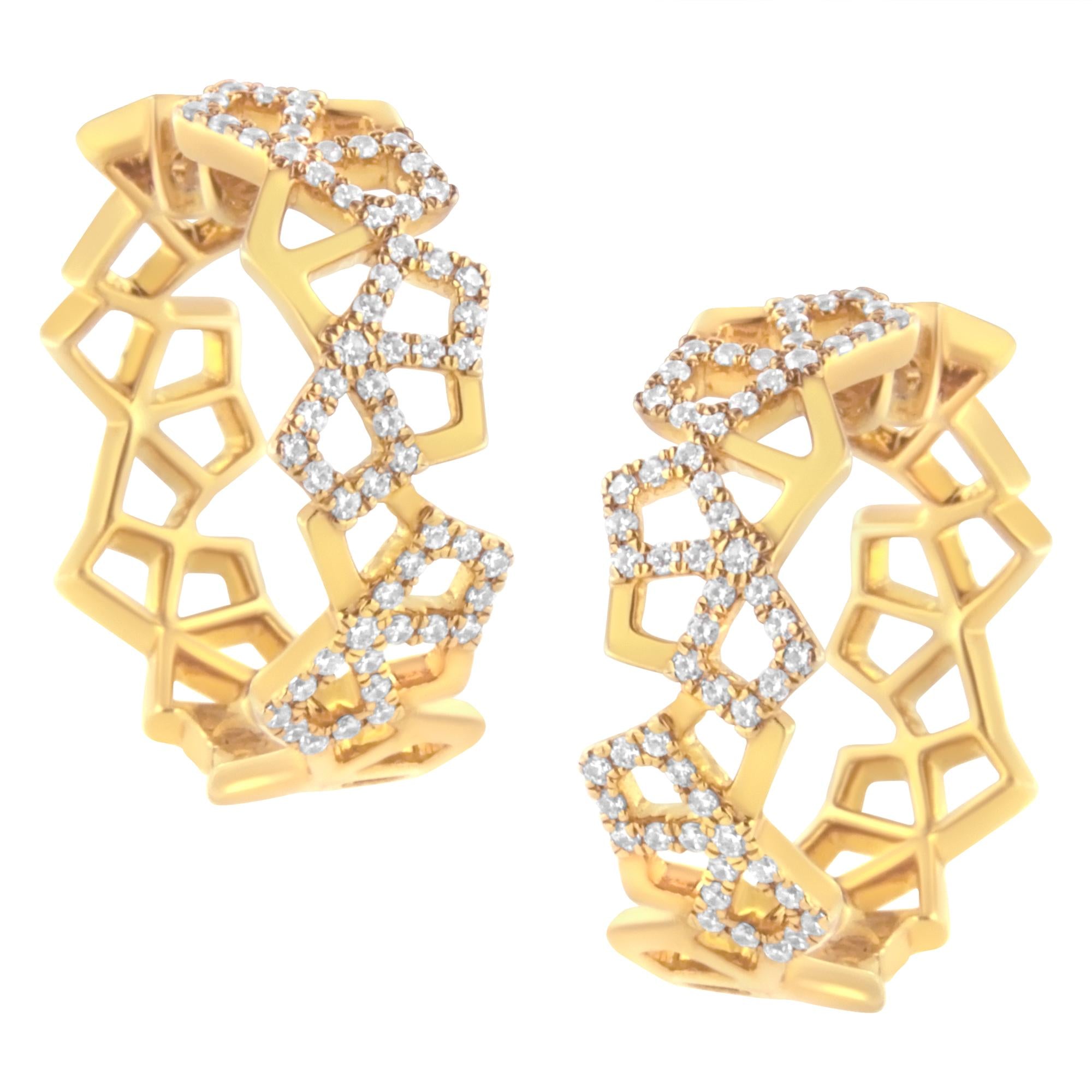 14K Yellow Gold 3/4 Cttw Diamond Honeycomb Hoop Earrings (G-H Color, SI1-SI2 Clarity) - 24MM - Friggin Jewelry
