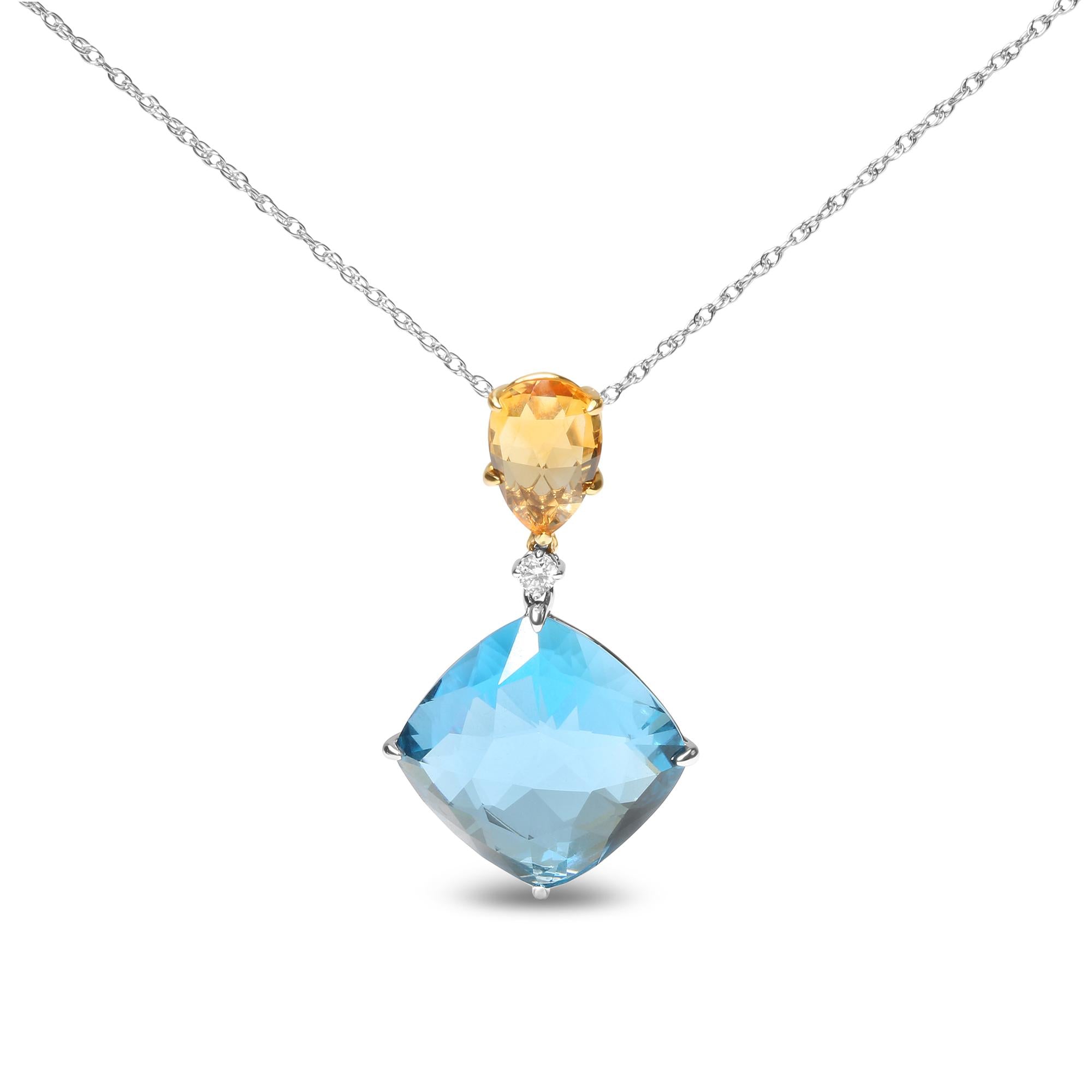18K White and Yellow Gold Diamond Accent and Yellow Citrine and Sky Blue Topaz Gemstone Dangle Drop 18" Pendant Necklace (G-H Color, SI1-SI2 Clarity) - Friggin Jewelry