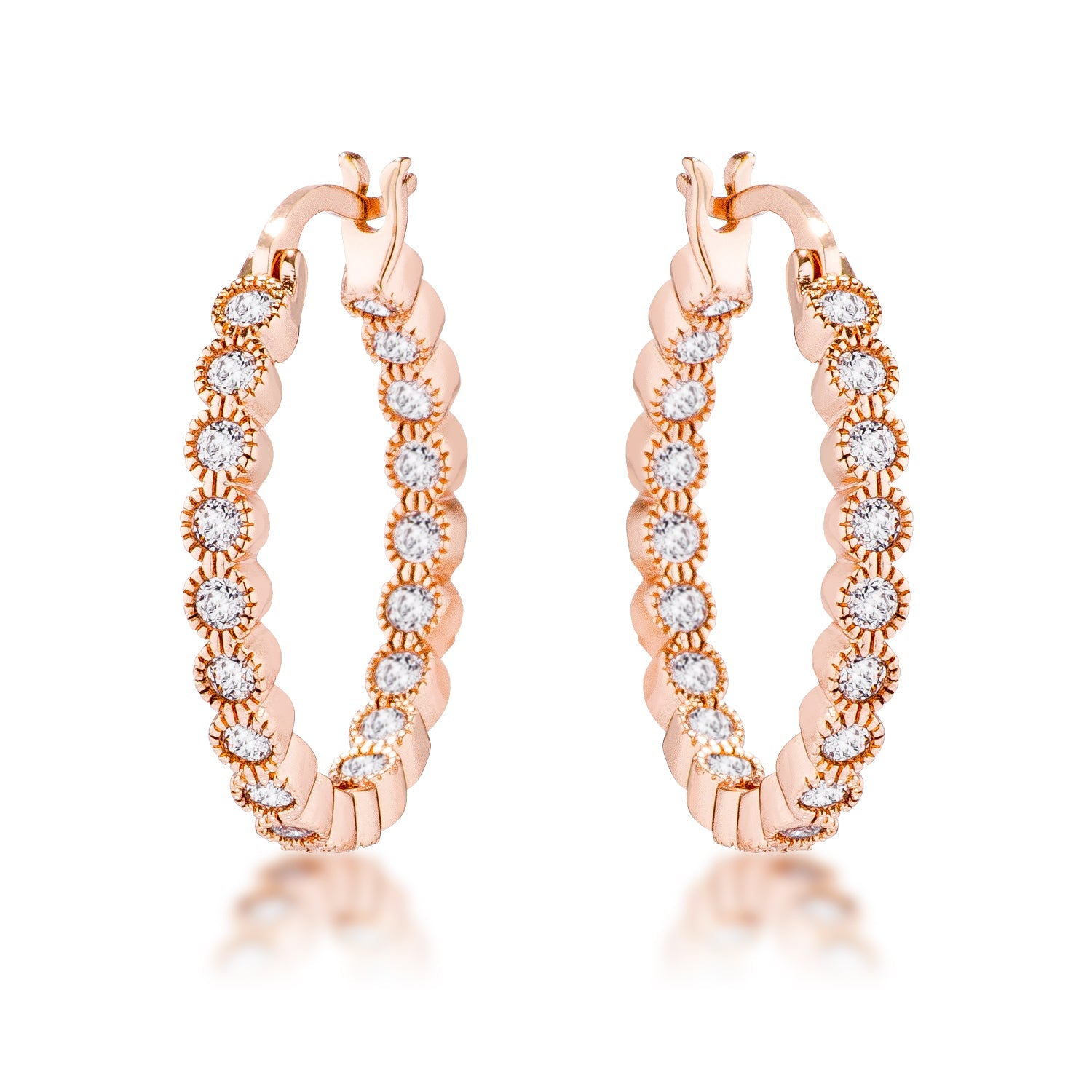 Sovereign Edge Modern Edit Rose Gold Plated Dotted Clear CZ Round Bezel Hoop Earrings - Friggin Jewelry Fashion