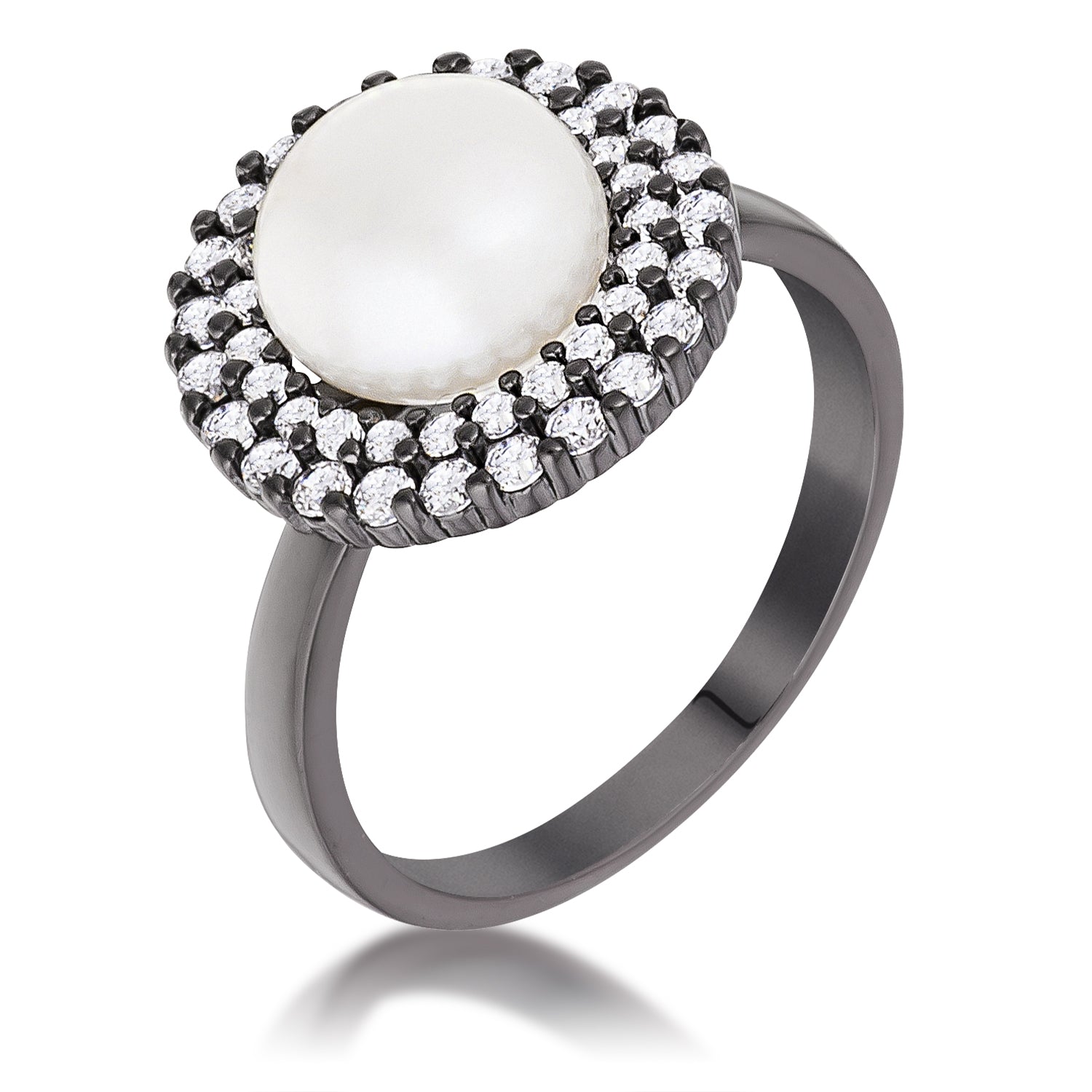Covetable Icon Classic Line Hematite Double Halo Ethereal Pearl Cocktail Ring - Friggin Jewelry Fashion