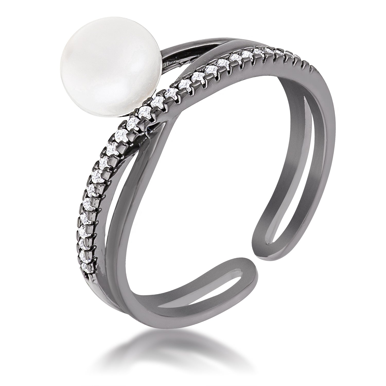Envy Worthy Icon Heritage Line Hematite Pearl Ribbon Bypass Half Pave Ring - Friggin Jewelry Fashion