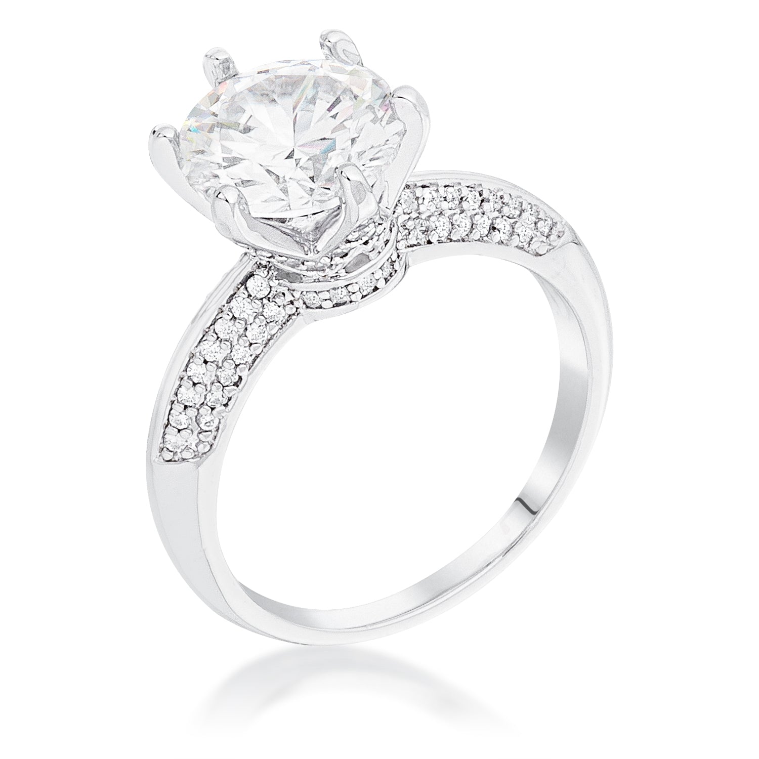Refined Whisper Signature Edit Rhodium Plated Clear CZ Round Solitaire Quad Micropave Ring - Friggin Jewelry Fashion