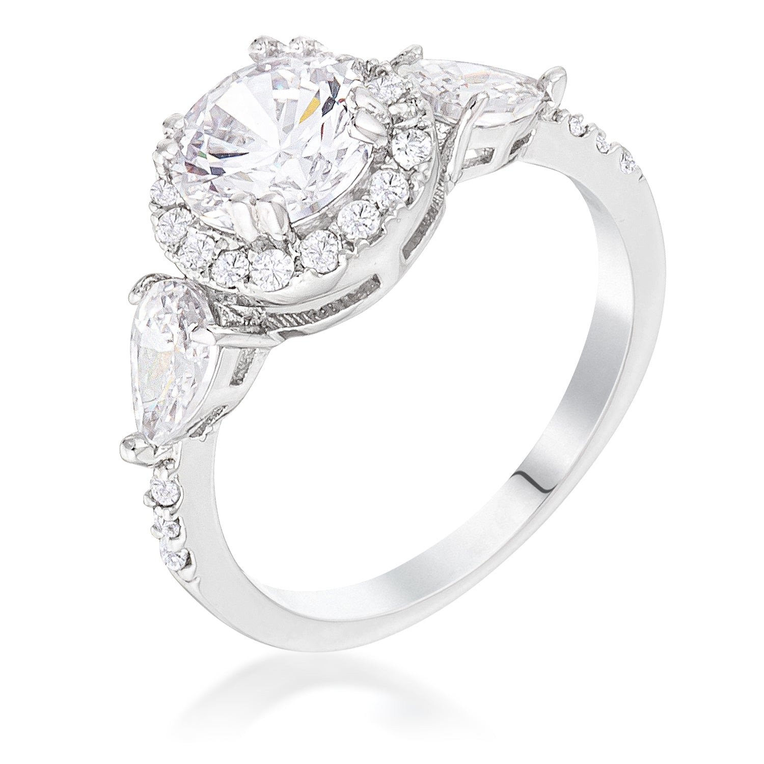 Refined Edge Signature Line Rhodium Plated 3-Stone Clear CZ Round Halo Pear Engagement Ring - Friggin Jewelry Fashion