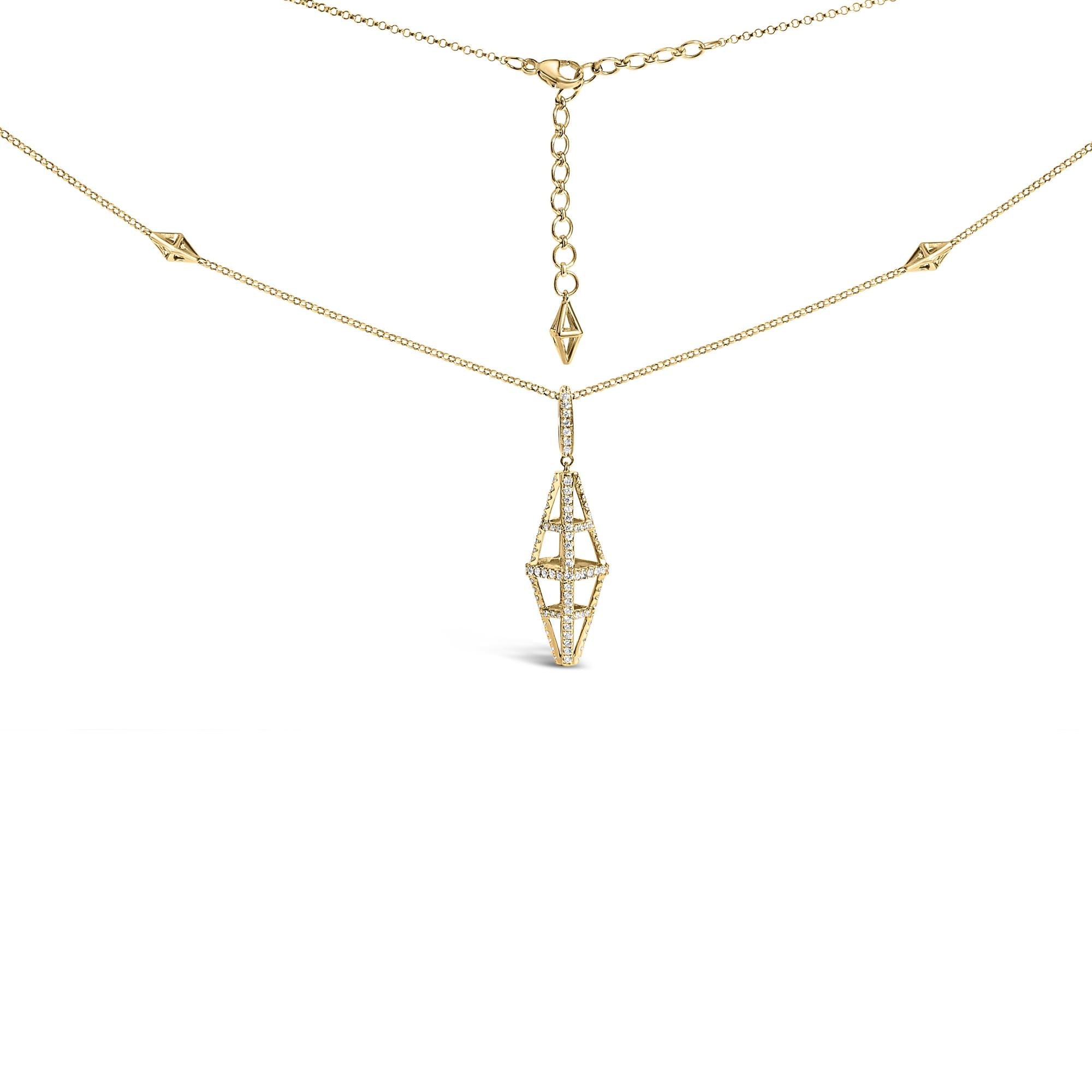 14K Yellow Gold 1.0 Cttw Diamond Studded Geometric Double Pyramid 18" Pendant Necklace (G-H Color, SI1-SI2 Clarity) - Friggin Jewelry Premium