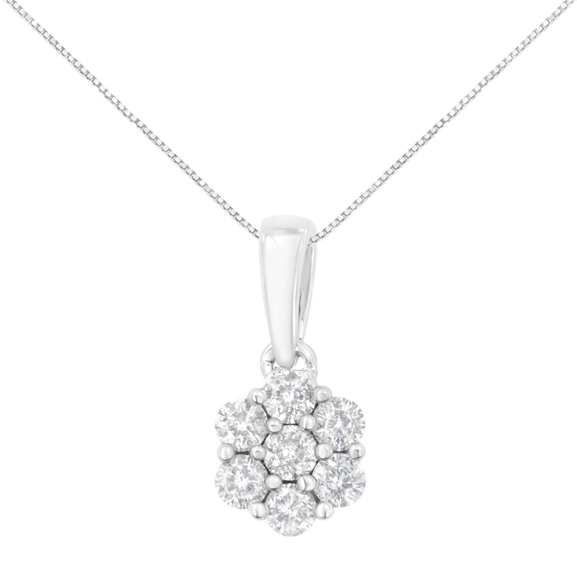 Collar con colgante de 45,7 cm en oro blanco de 14 quilates, 1/2 ct, con diamantes de talla redonda engastados en garras y un racimo floral de 7 piedras (color HI, claridad I1-I2) - Friggin Jewelry