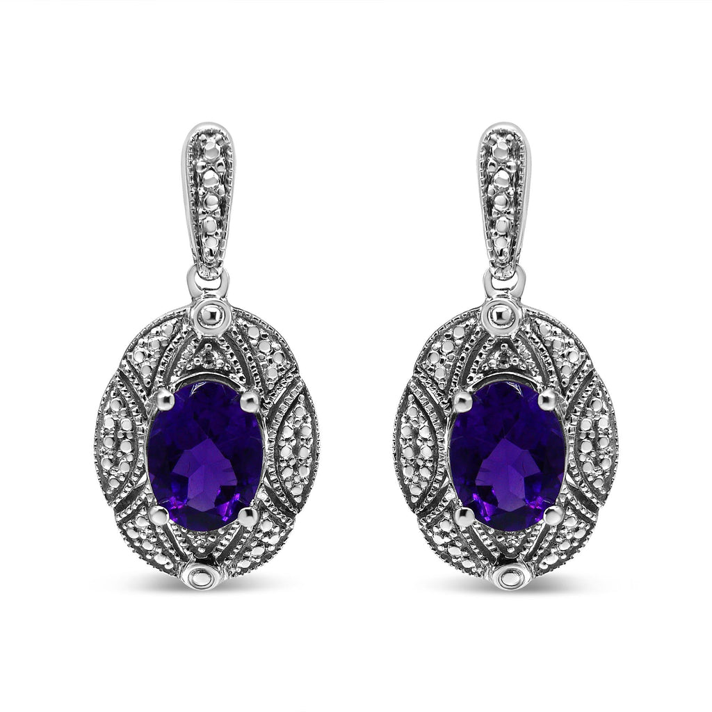 Pendientes de plata de ley 925 con detalles de diamantes y amatista ovalada morada de 8 x 6 mm (color IJ, claridad I1-I2) - Friggin Jewelry