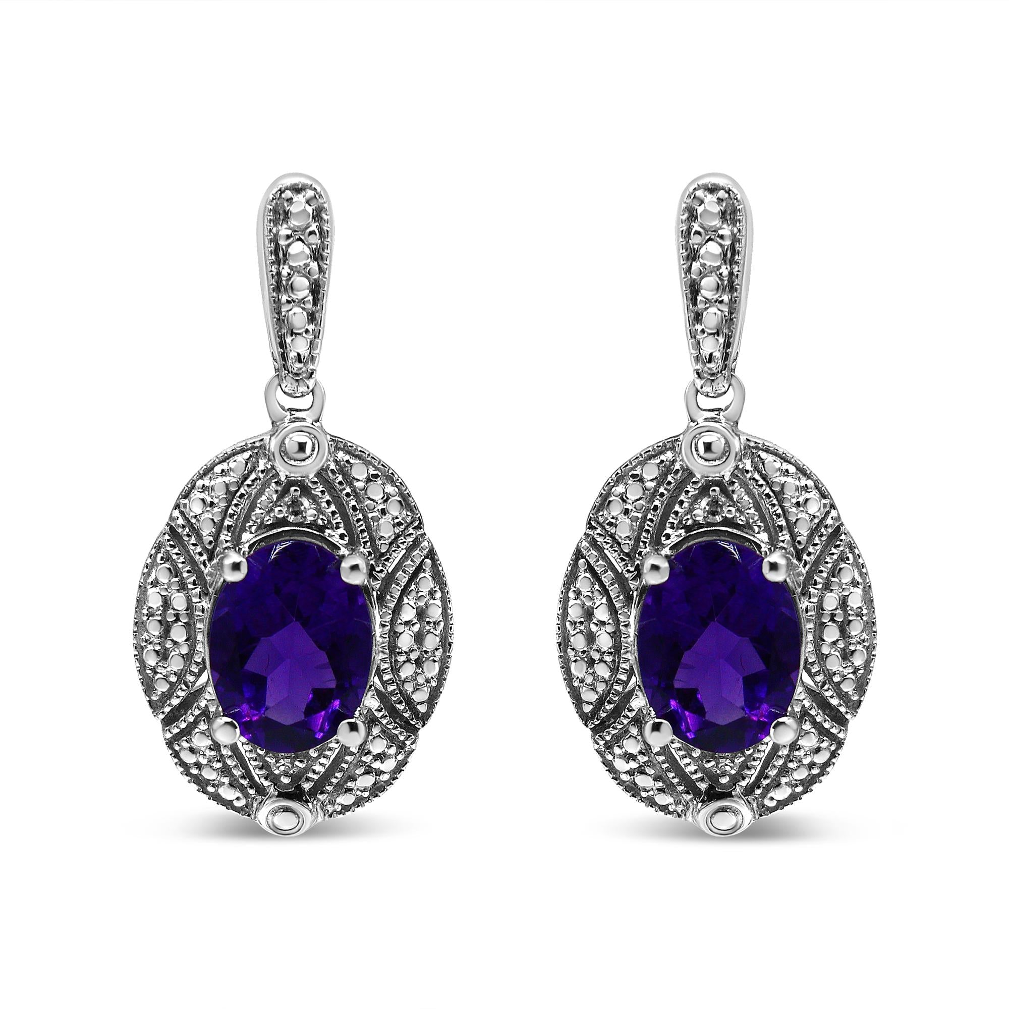 Pendientes de plata de ley 925 con detalles de diamantes y amatista ovalada morada de 8 x 6 mm (color IJ, claridad I1-I2) - Friggin Jewelry