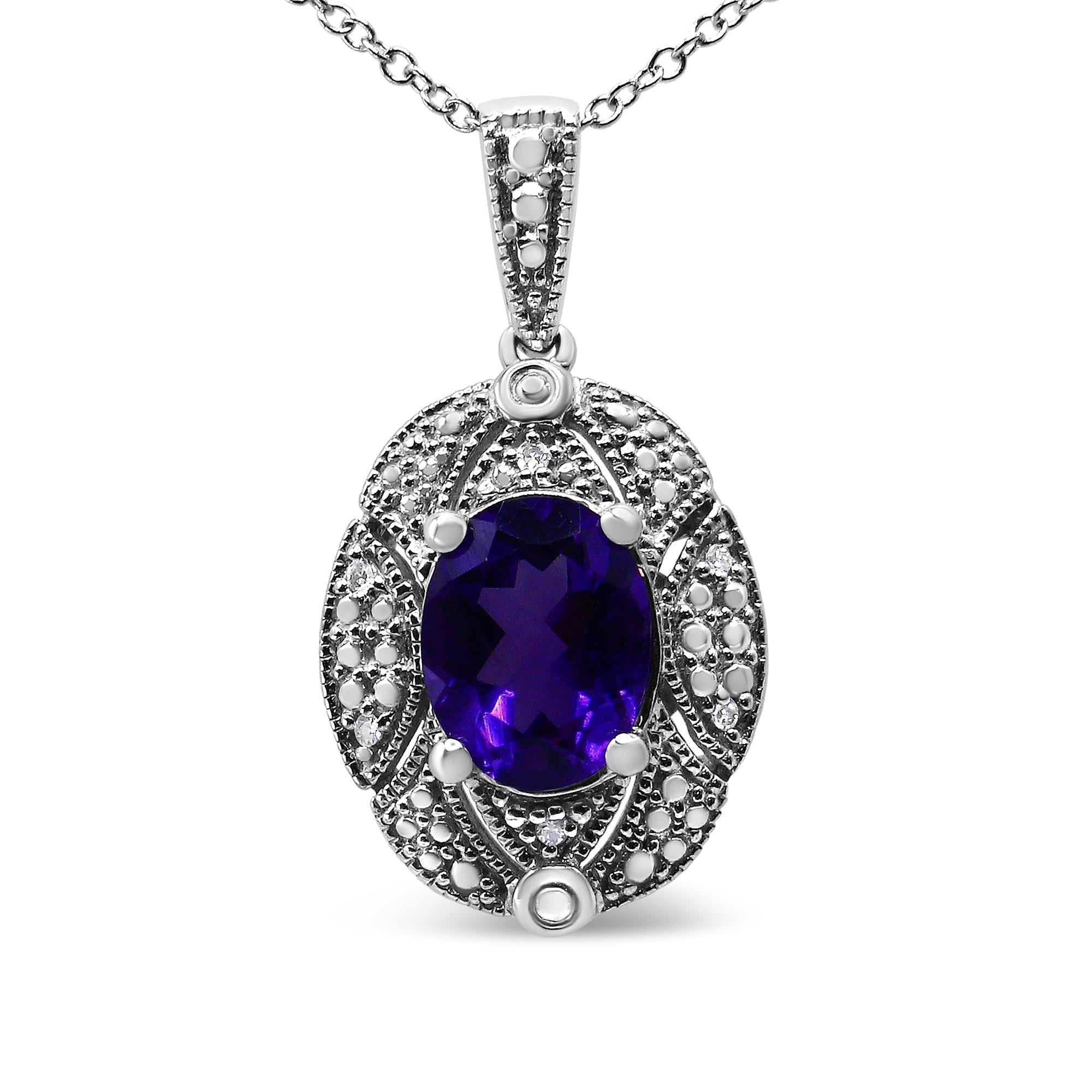 Collar de 45 cm con colgante de amatista morada ovalada de 9 x 7 mm y detalle de diamante en plata de ley 925 (color IJ, claridad I1-I2) - Friggin Jewelry