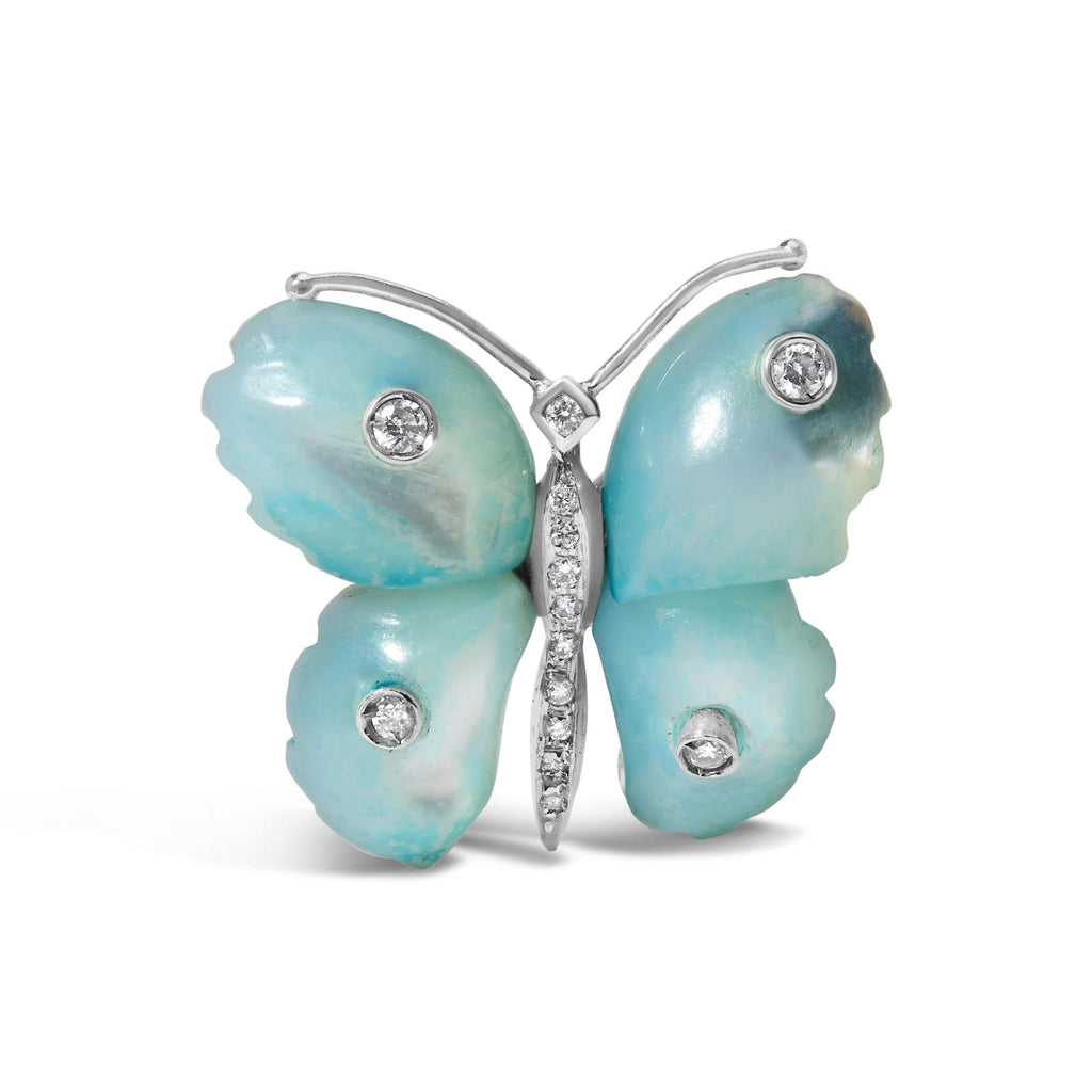 18K White Gold Blue Mother of Pearl and Diamond Accent Butterfly Pin Brooch (F-G Color, VS1-VS2 Clarity) - Friggin Jewelry