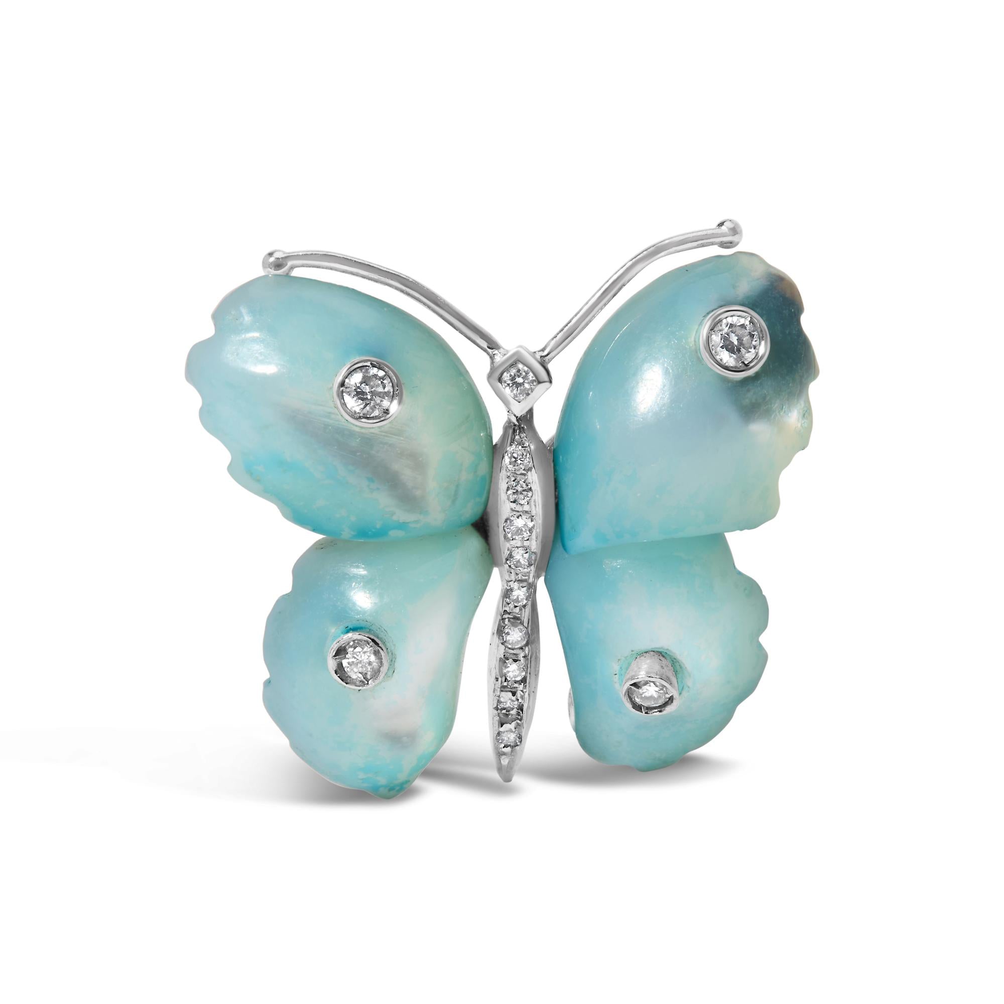 18K White Gold Blue Mother of Pearl and Diamond Accent Butterfly Pin Brooch (F-G Color, VS1-VS2 Clarity) - Friggin Jewelry