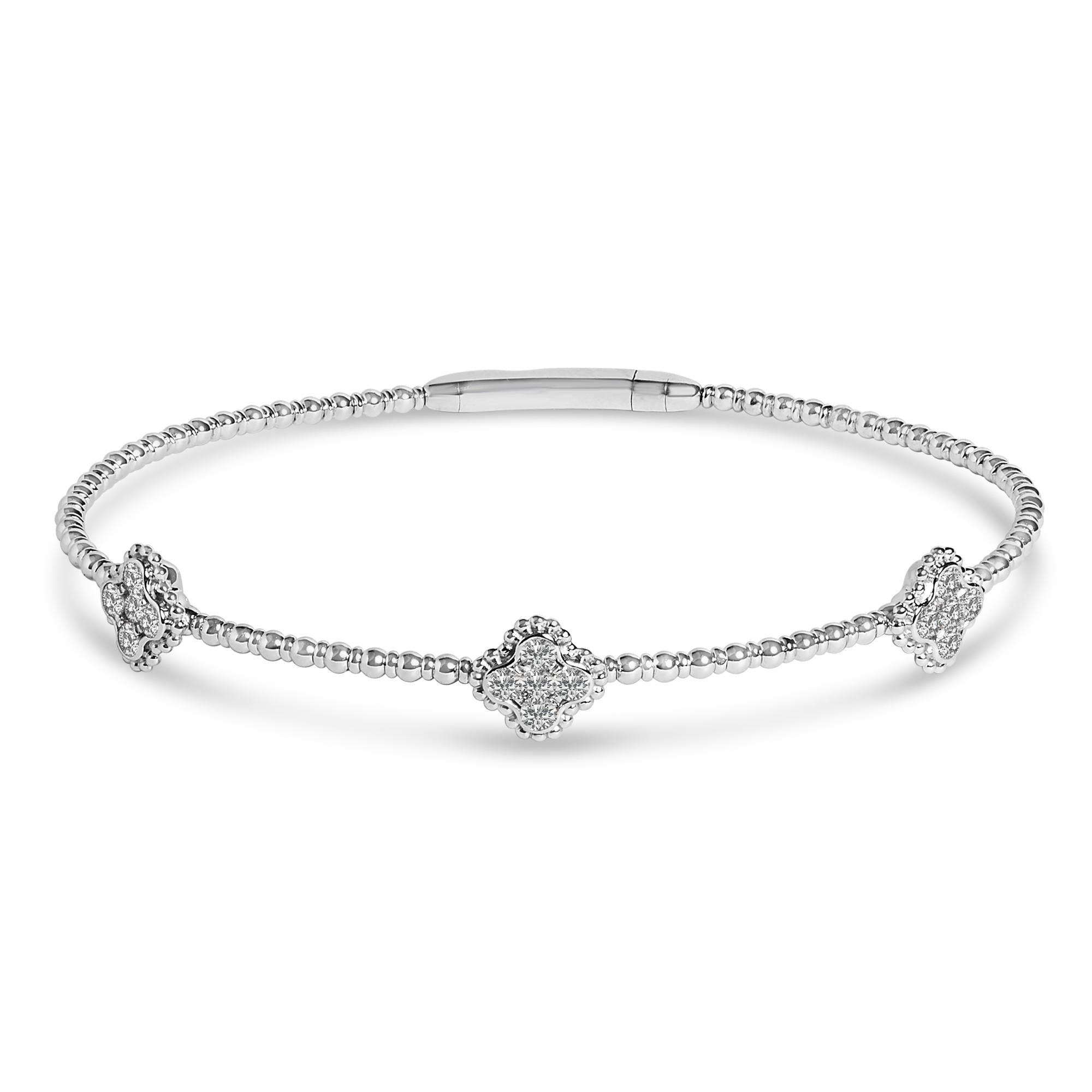 14K White Gold 1/2 Cttw Diamond Quatrefoil Clover Style Bangle Bracelet (G-H Color, SI1-SI2 Clarity) - 7.75 Inch - Friggin Jewelry