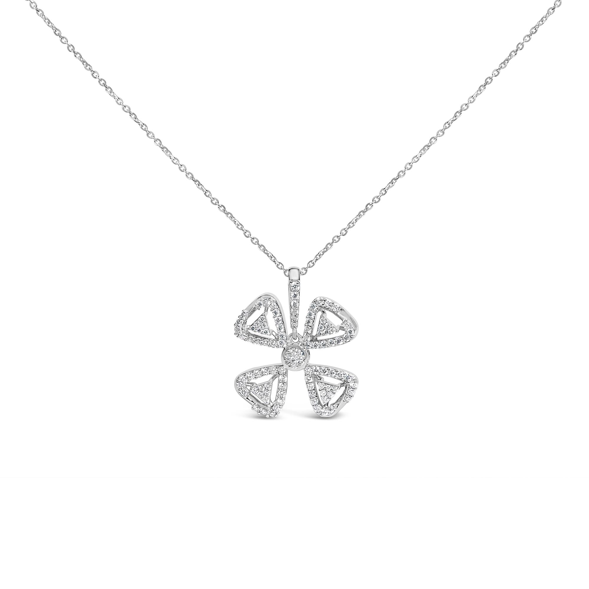 14K White Gold 5/8 Cttw Diamond 4 Leaf Floral Pendant Necklace (H-I Color, I1-I2 Clarity) - 18" Inches - Friggin Jewelry Premium