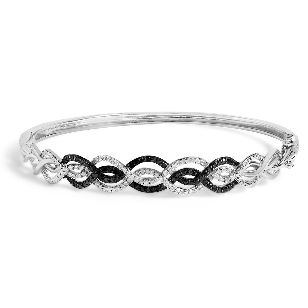 .925 Sterling Silver 3/8 Cttw White and Black Diamond Swirl Bangle Bracelet (Black Color, I3 Clarity) - 7.75" Inches - Friggin Jewelry