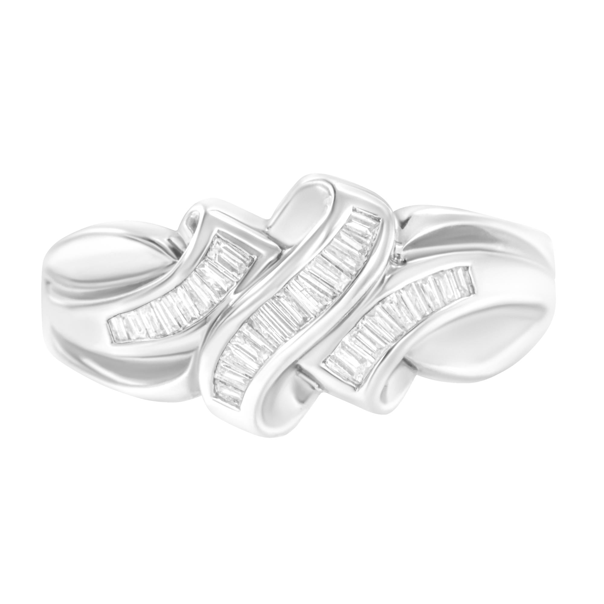14K White Gold 1/3 Cttw Channel Set Baguette Diamond Bypass Ring Band (H-I Color, SI1-SI2 Clarity) - Friggin Jewelry