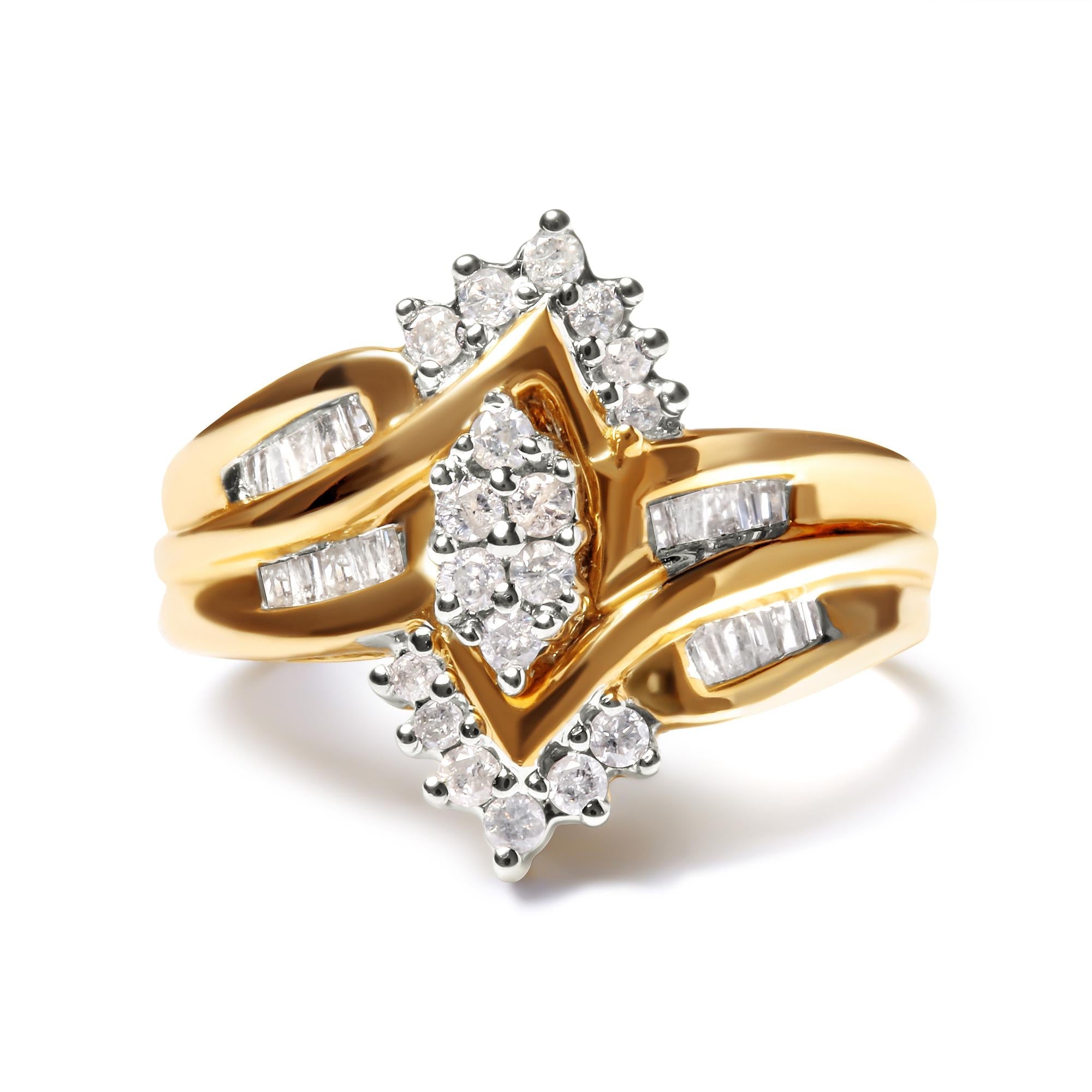 10K Two-Toned 1/2 Cttw Round And Baguette-Cut Composite Pear Head Diamond Ring (H-I Color, I2-I3 Clarity) - Friggin Jewelry