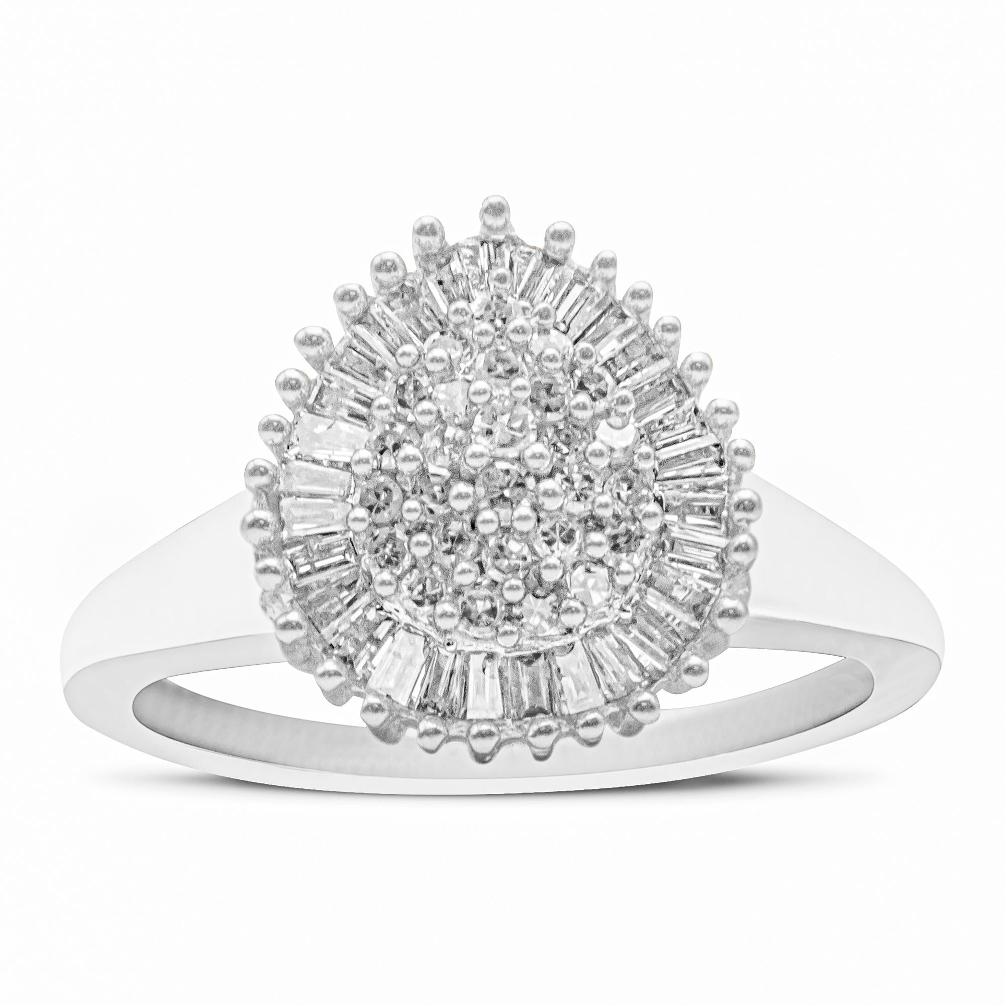 10K White Gold 1/2 Cttw Round & Baguette Cut Diamond Pear Shaped Domed Pavé Cluster with Halo Cocktail Ring (H-I Color, SI1-SI2 Clarity) - Friggin Jewelry