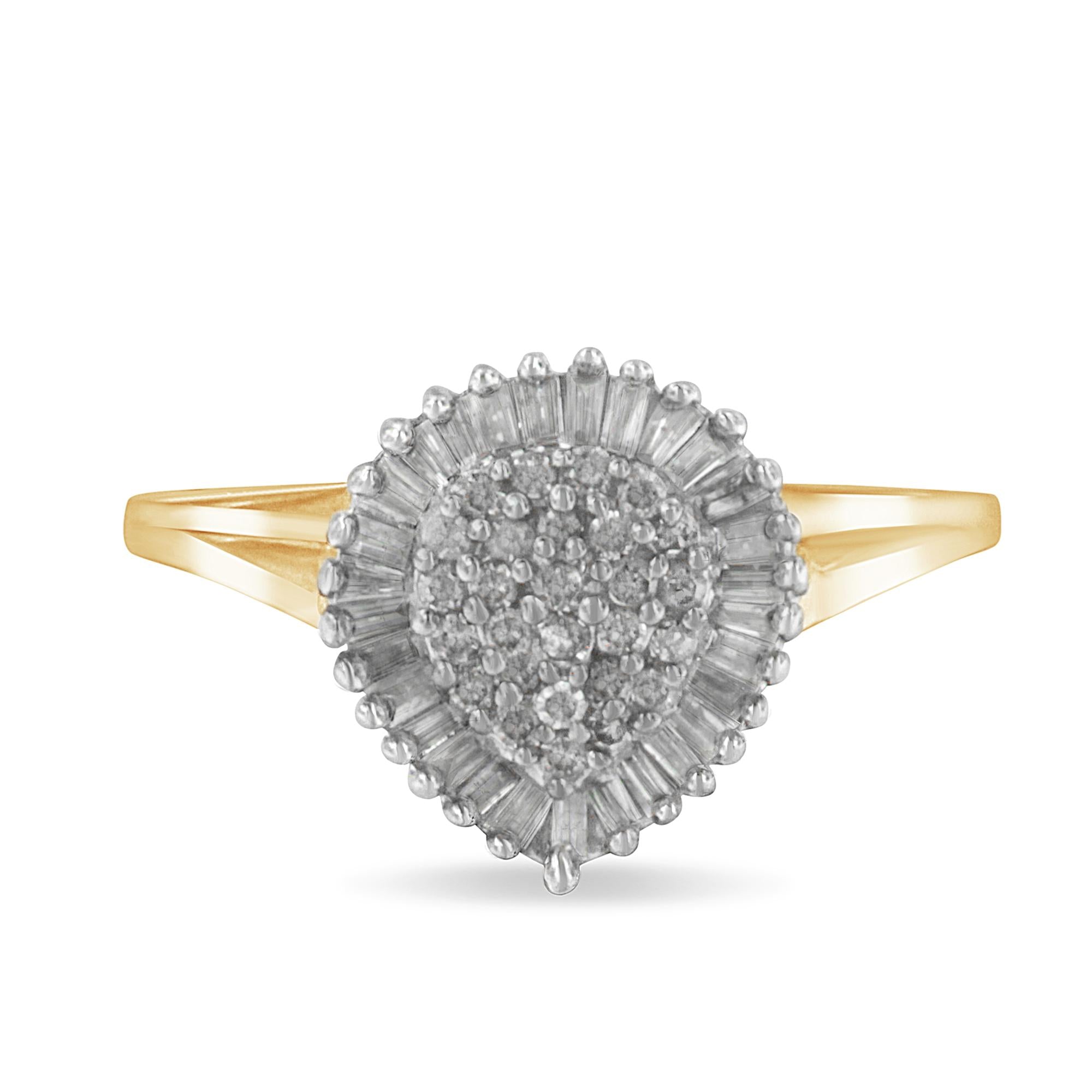 10K Yellow Gold 1/2 Cttw Round & Baguette Cut Diamond Pear Shaped Domed Pavé Cluster with Halo Cocktail Ring (J-K Color, I1-I2 Clarity) - Friggin Jewelry