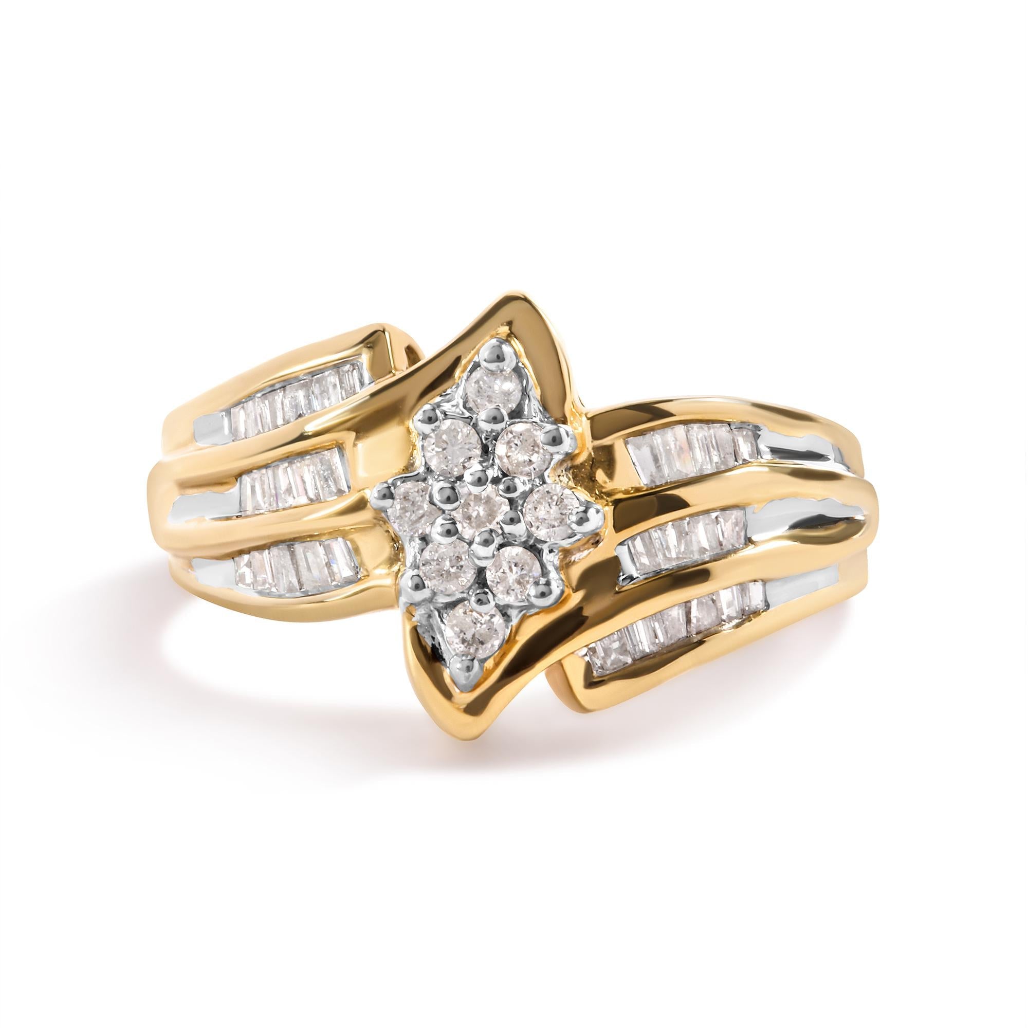 10K Yellow Gold 1/2 Cttw Round And Baguette-cut Diamond Cluster Head and Channel Set Shank Ring (H-I Color, I1-I2 Clarity) - Friggin Jewelry