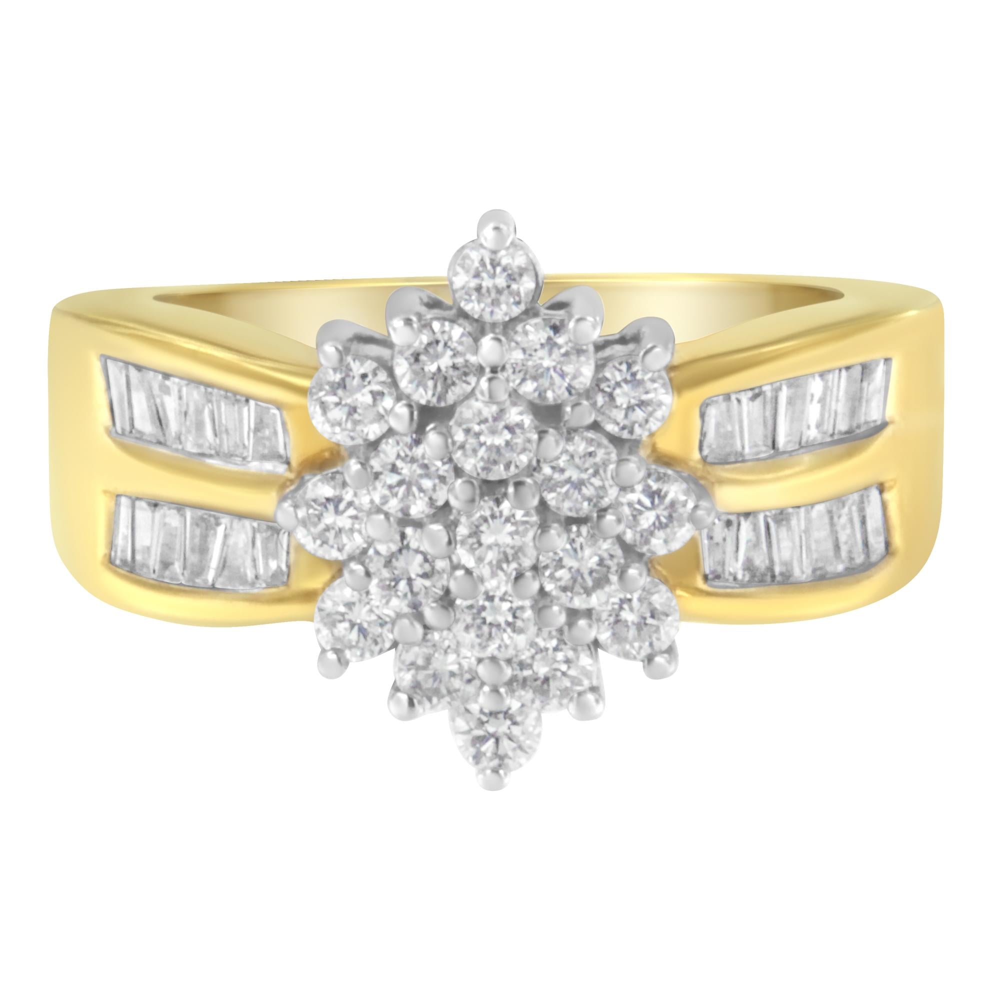 10K Yellow Gold 1.0 Cttw Round & Baguette Cut Diamond Floral Cluster Double-Channel Flared Band Statement Ring (H-I Color, SI2-I1 Clarity) - Friggin Jewelry