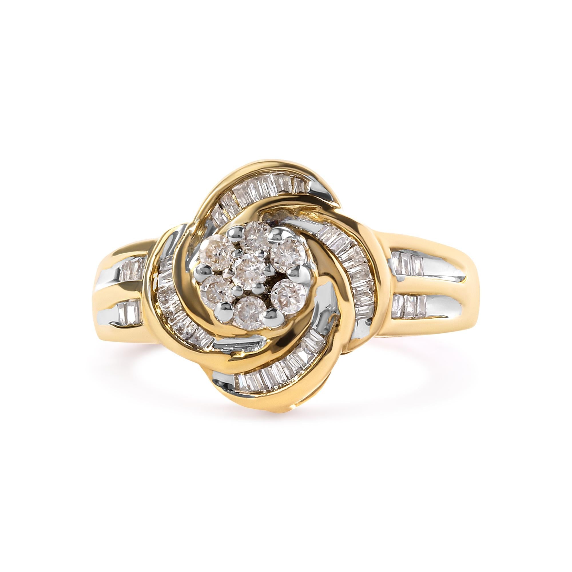 10K Yellow Gold 1/2 Cttw Round and Baguette Diamond Flower Swirl Cocktail Ring (I-J Color, SI2-I1 Clarity) - Friggin Jewelry