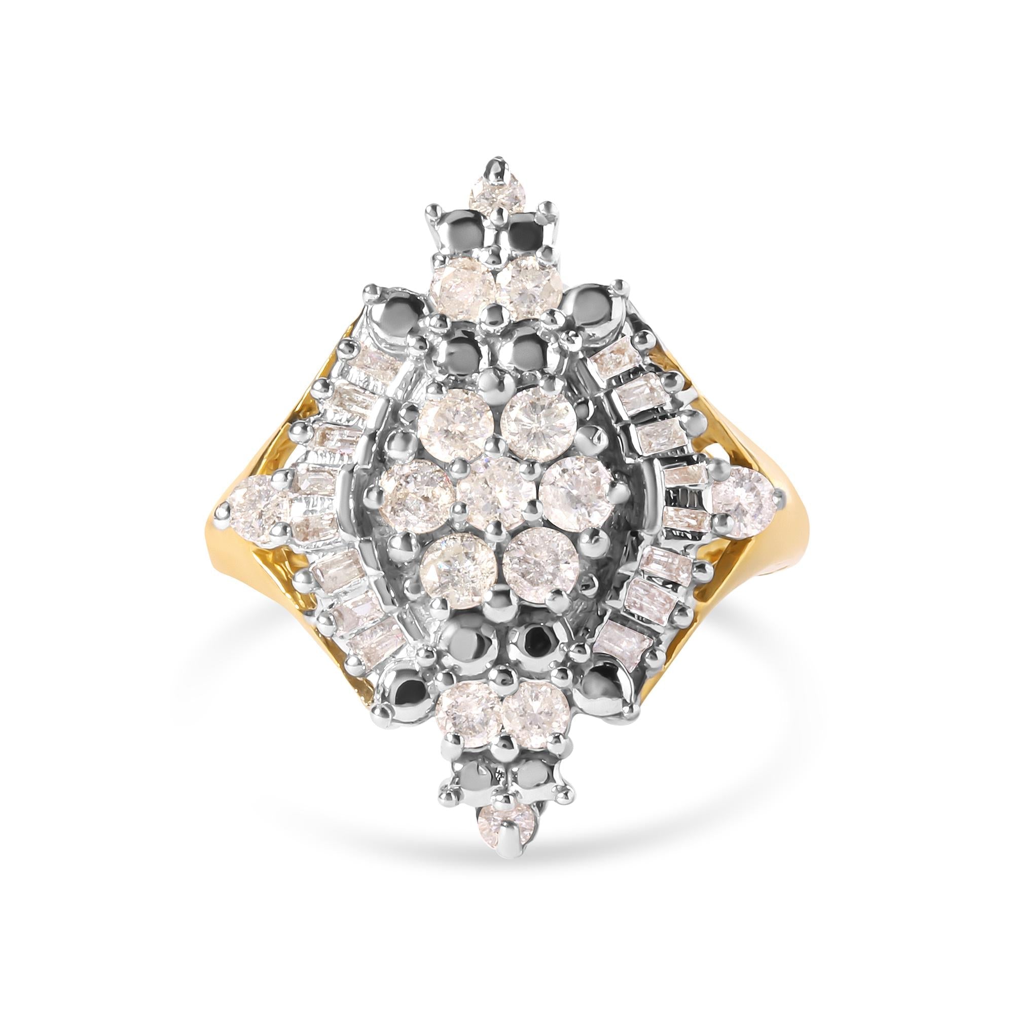 10K Yellow Gold 1 Cttw Round and Baguette cut Diamond Cluster and Rhombus Halo Ring (H-I Color, I1-I2 Clarity) - Friggin Jewelry