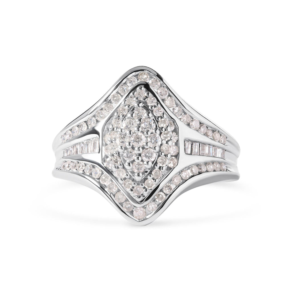 14K White Gold 3/4 Cttw Round and Baguette cut Diamond Cluster Ring (H-I Color, I1-I2 Clarity) - Friggin Jewelry Premium