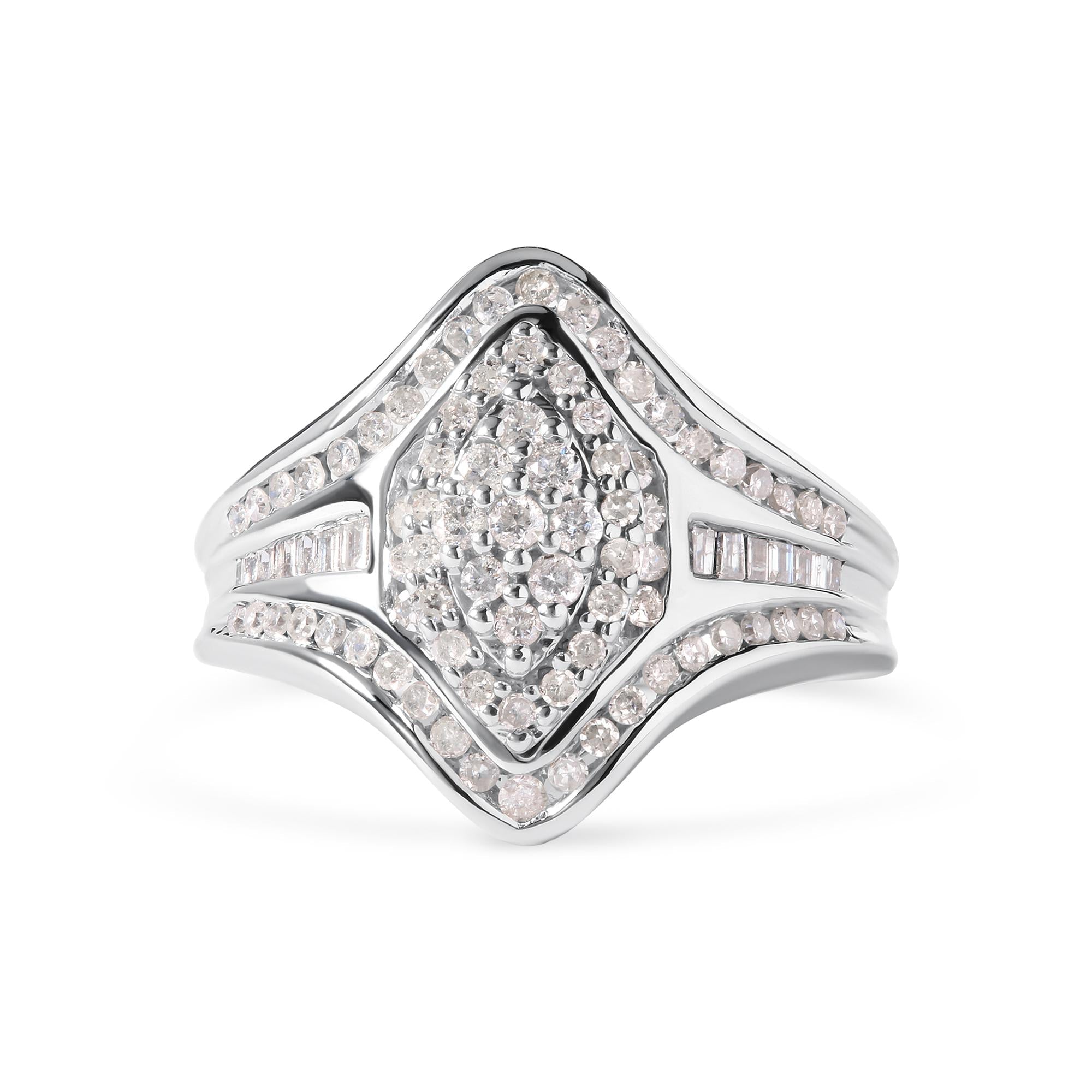 14K White Gold 3/4 Cttw Round and Baguette cut Diamond Cluster Ring (H-I Color, I1-I2 Clarity) - Friggin Jewelry