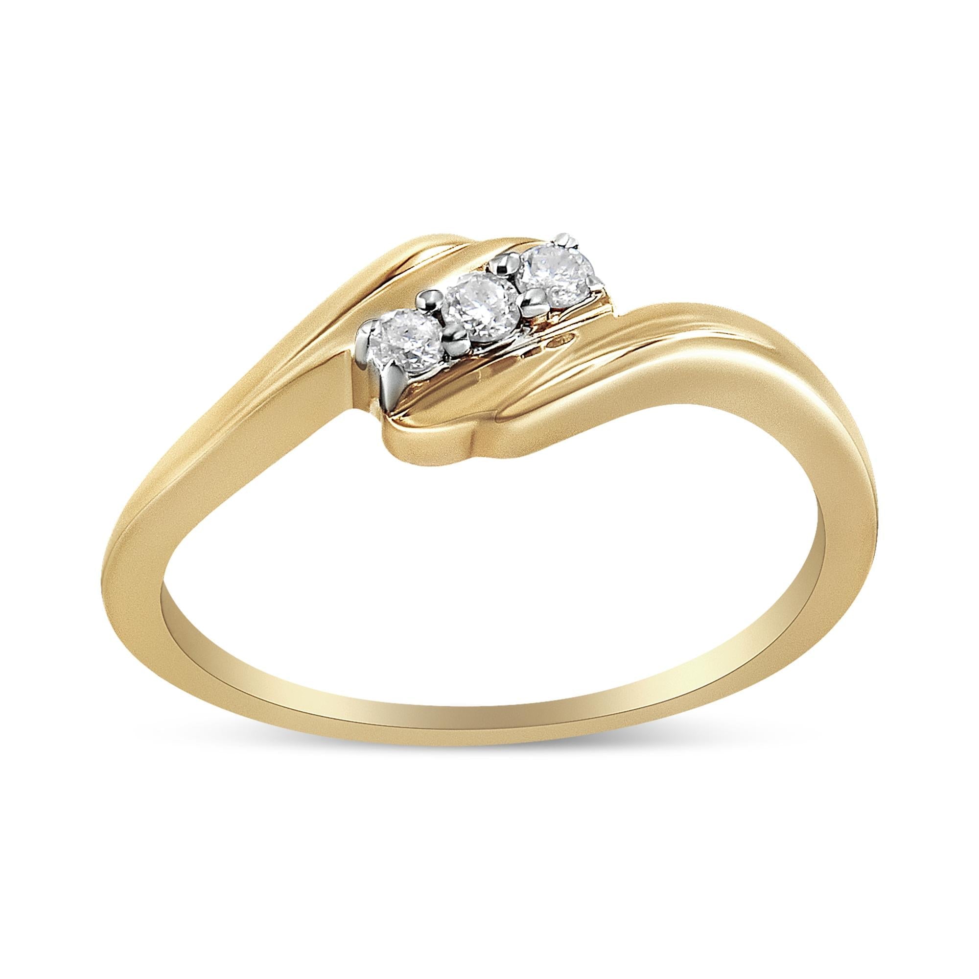 10K Yellow Gold over .925 Sterling Silver 1/10 Cttw Diamond Three-Stone Bypass Fashion Cocktail Ring ( I-J Color, I2-I3 Clarity) - Friggin Jewelry