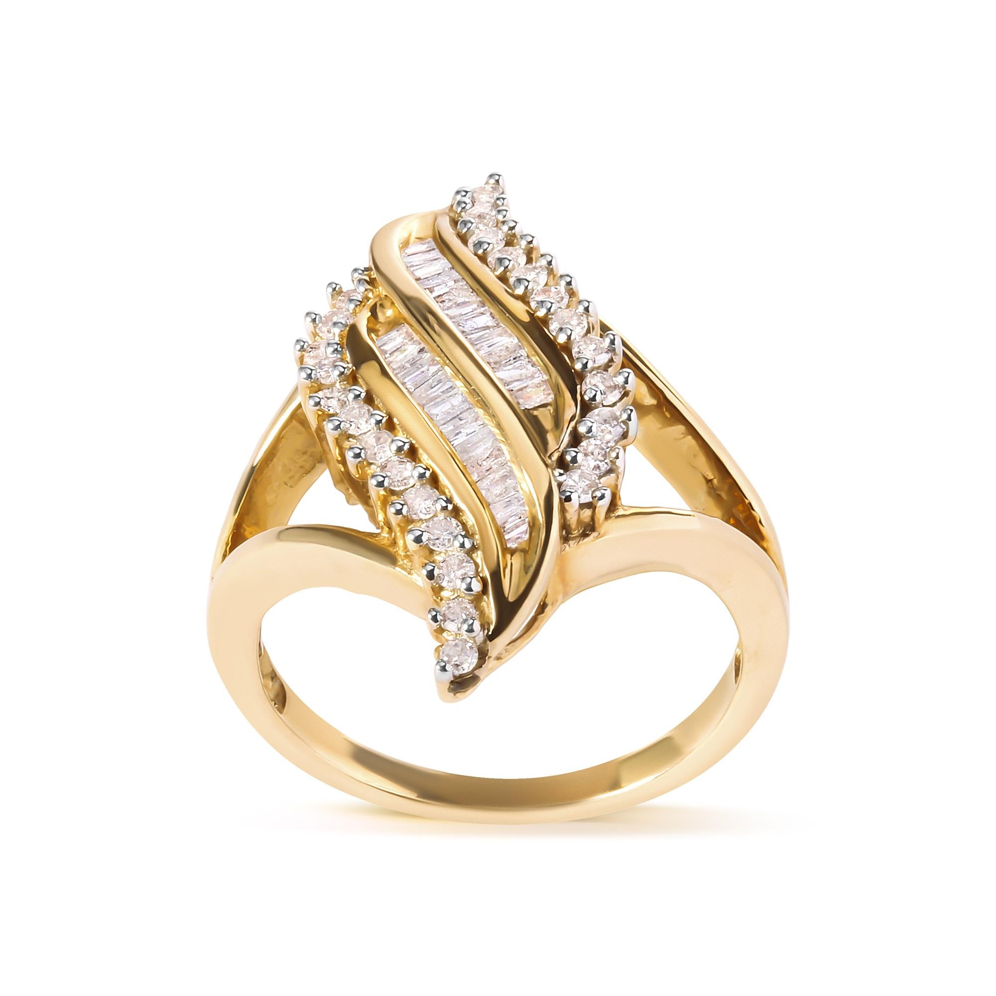 10K Yellow Gold 1/2 Cttw Round and Baguette Cut Diamond Cocktail Ring (H-I Color, I1-I2 Clarity) - Friggin Jewelry