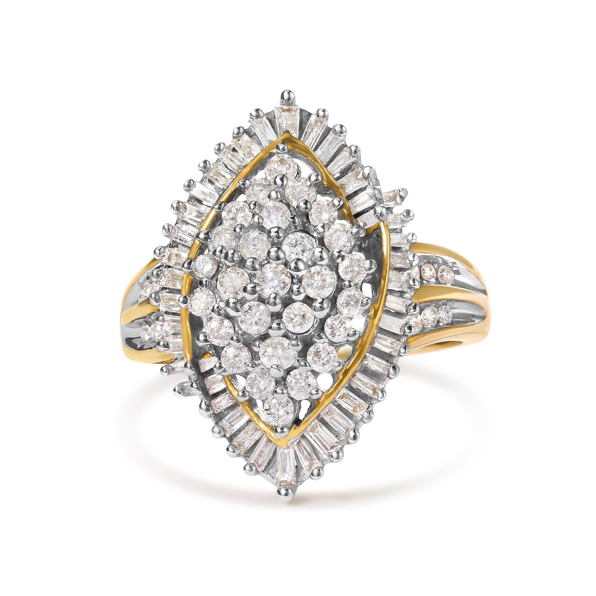 10K Yellow Gold 1.0 Cttw Round and Baguette-Cut Diamond Cluster Ring (I-J Color, SI2-I1 Clarity) - Friggin Jewelry