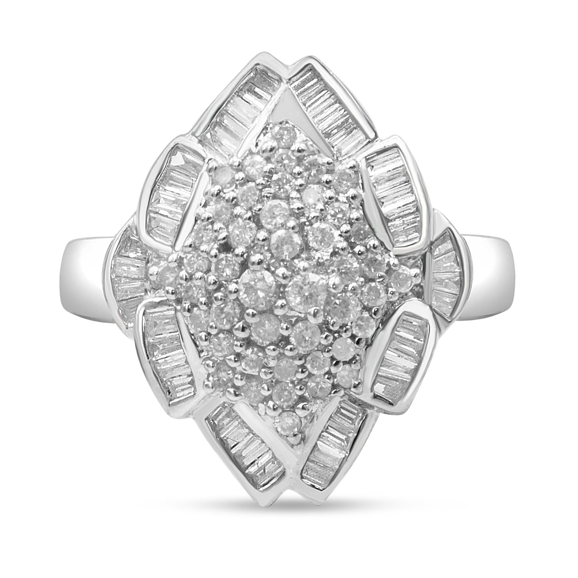 14K White Gold 7/8 Cttw Round and Baguette-Cut Diamond Cluster Ring (H-I Color, SI2-I1 Clarity) - Friggin Jewelry Premium