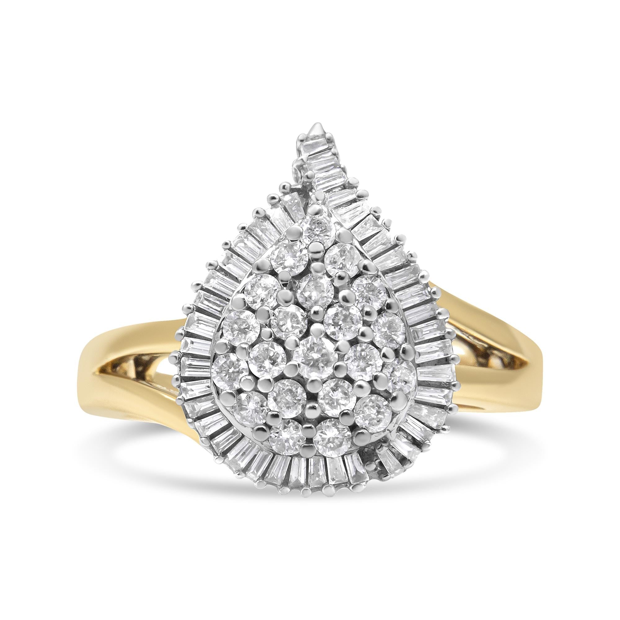 14K Yellow and White Gold 1.00 Cttw Round and Baguette-Cut Diamond Ballerina Cocktail Ring (H-I Color, SI2-I1 Clarity) - Friggin Jewelry
