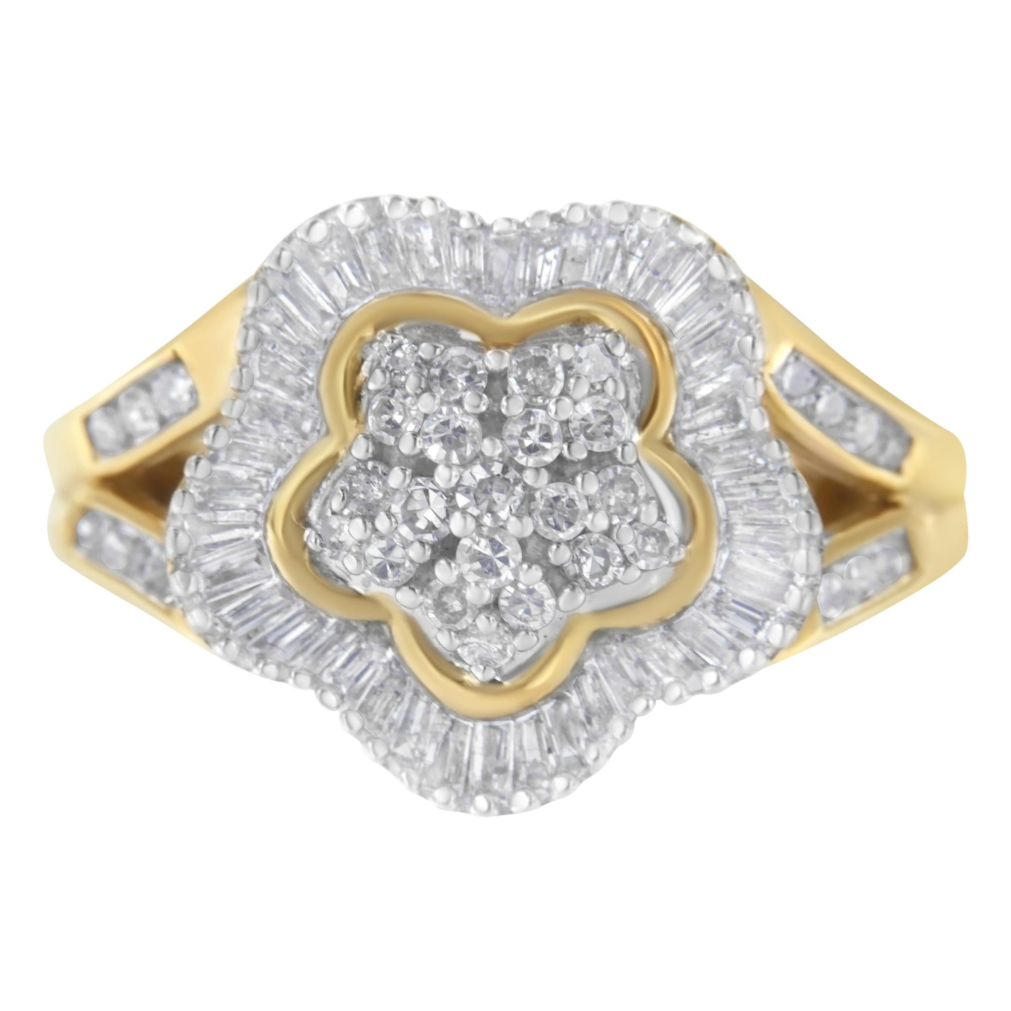 Anello ballerina in oro giallo 10 carati con diamanti taglio baguette e rotondo (1 carato, colore IJ, purezza SI1-SI2) - Friggin Jewelry