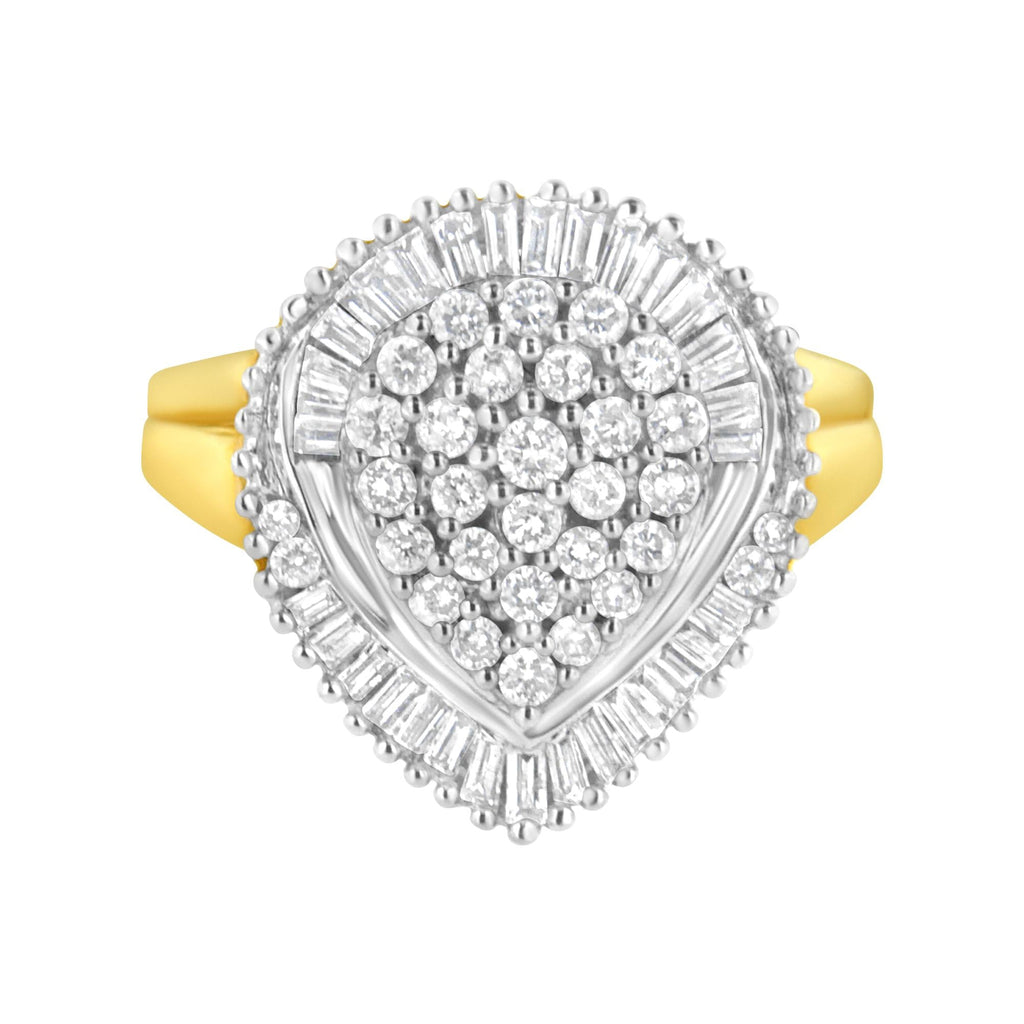 10K Yellow Gold 1.0 Cttw Round and Baguette Cut Diamond Oval Shaped Cluster Ring (I-J Color, I1-I2 Clarity) - Friggin Jewelry