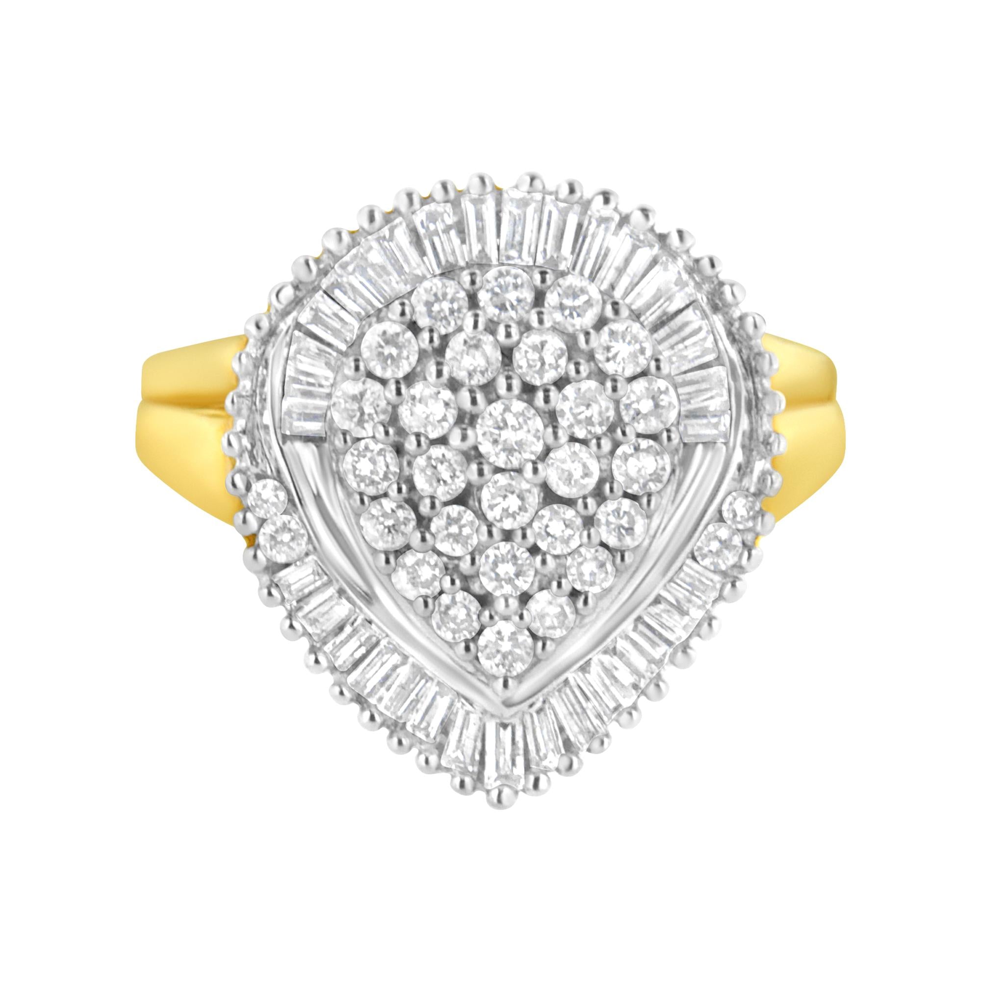 10K Yellow Gold 1.0 Cttw Round and Baguette Cut Diamond Oval Shaped Cluster Ring (I-J Color, I1-I2 Clarity) - Friggin Jewelry