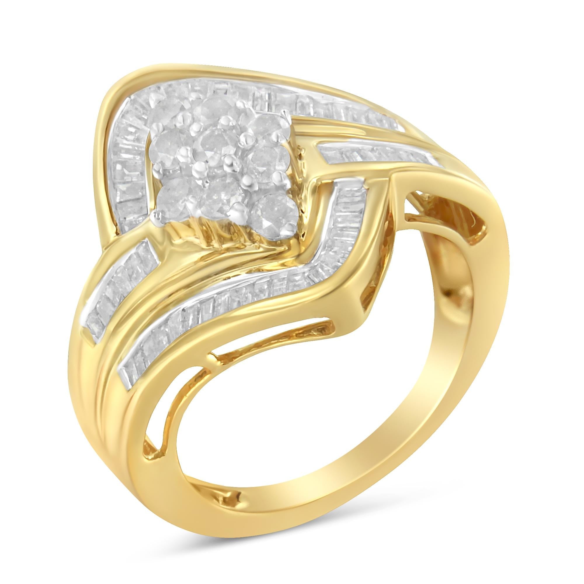 10K Yellow Gold over .925 Sterling Silver Diamond Bypass Cluster Ring (1 Cttw, I-J Color, I2-I3 Clarity) - Friggin Jewelry