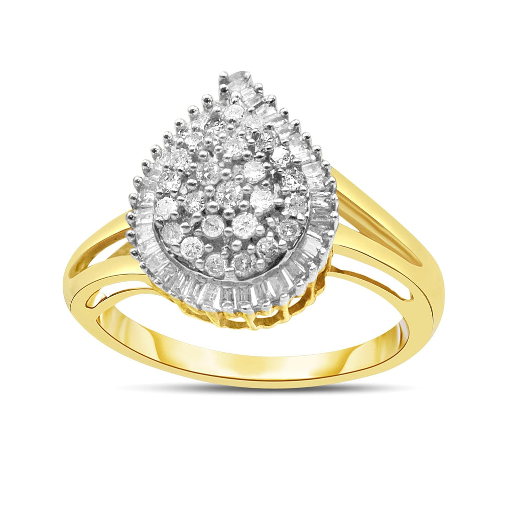 Anello a pera in oro giallo 10 carati con diamanti taglio baguette e rotondo da 1/2 carati (colore IJ, purezza I1-I2) - Friggin Jewelry