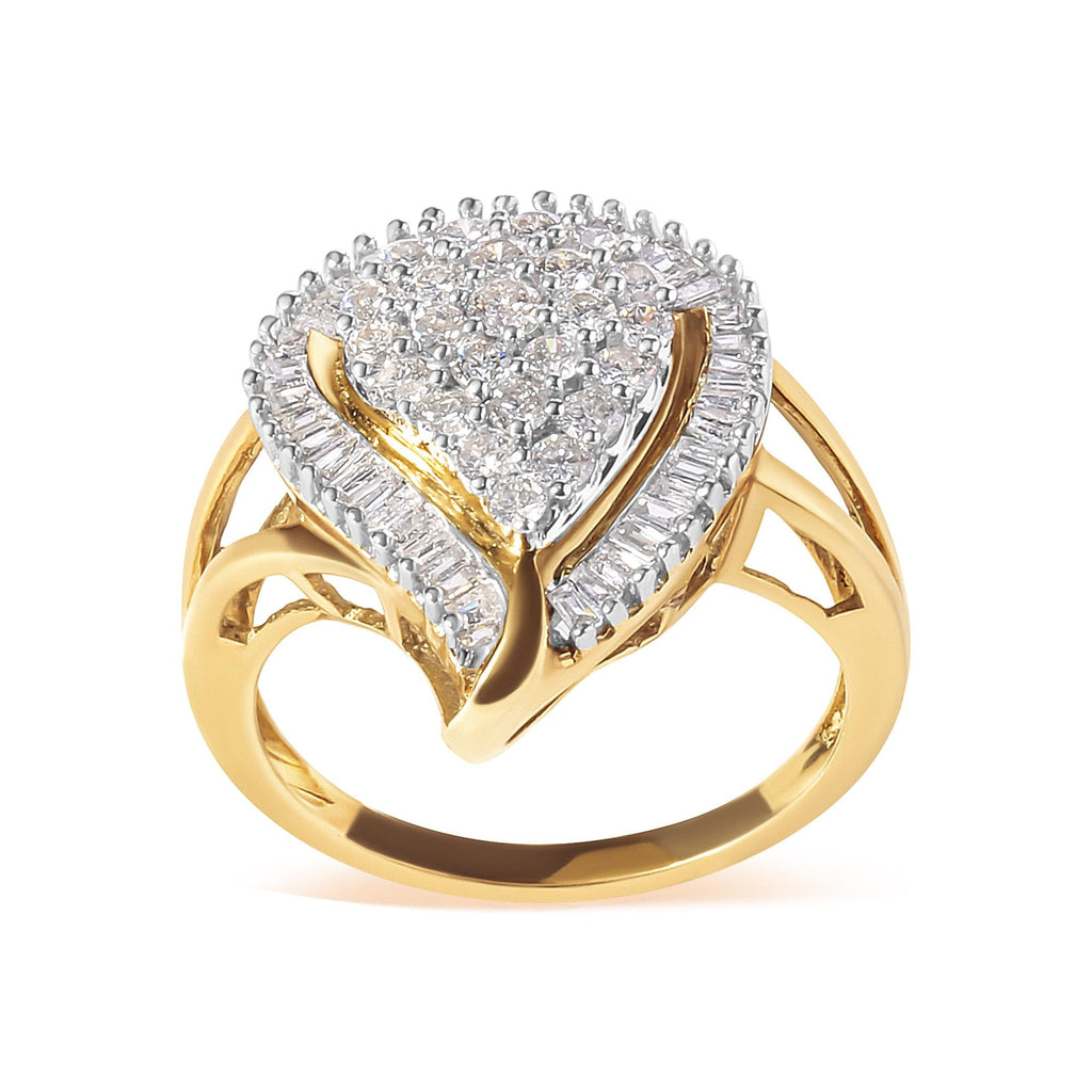 10K Yellow Gold 1 Cttw Round and Baguette Cut Diamond Ballerina Cluster Ring (H-I Color, SI2-I1 Clarity) - Friggin Jewelry
