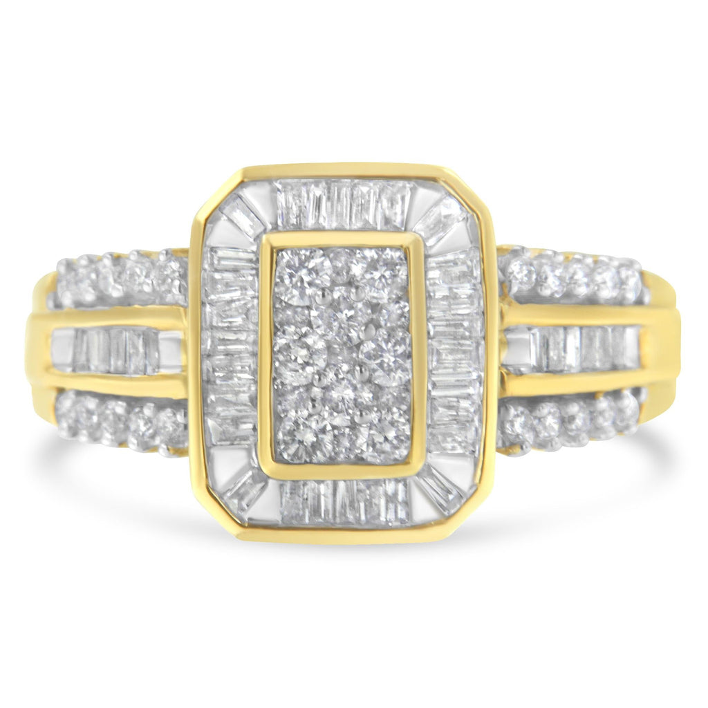Anello da cocktail in oro giallo 10 carati con diamanti taglio baguette e taglio rotondo (1,0 ct, colore HI, purezza SI2-I1) - Friggin Jewelry