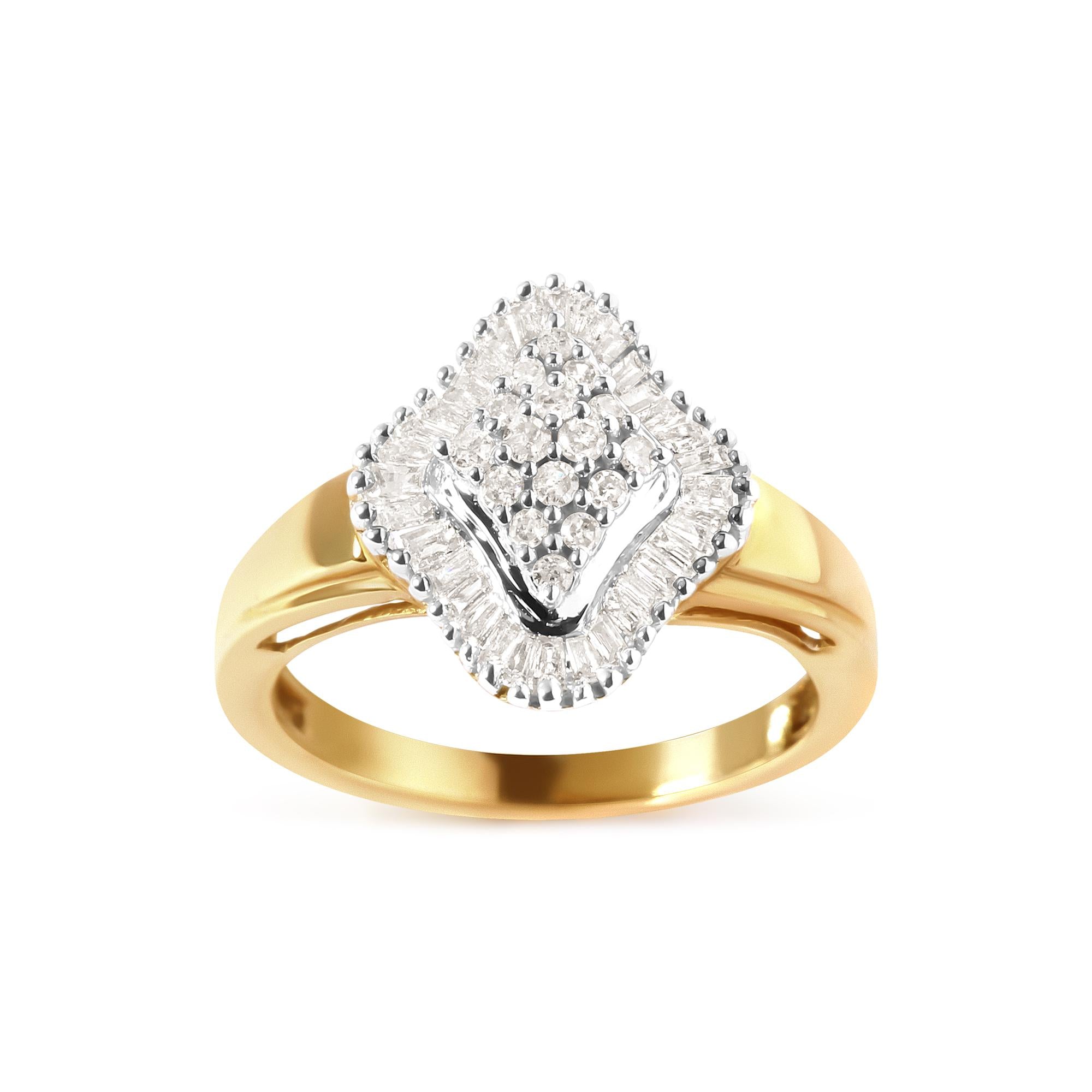 10K Yellow Gold 1/2 Cttw Round And Baguette-cut Diamond Rhombus Head and Halo Ring (I-J Color, I1-I2 Clarity) - Friggin Jewelry
