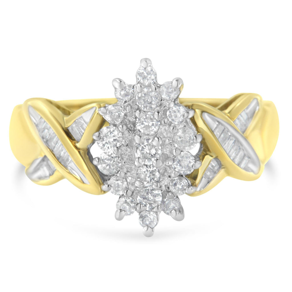 10K Two-Toned Round Baguette Diamond Cluster Ring (1/2 Cttw, I-J Color, I2-I3 Clarity) - Friggin Jewelry Winter