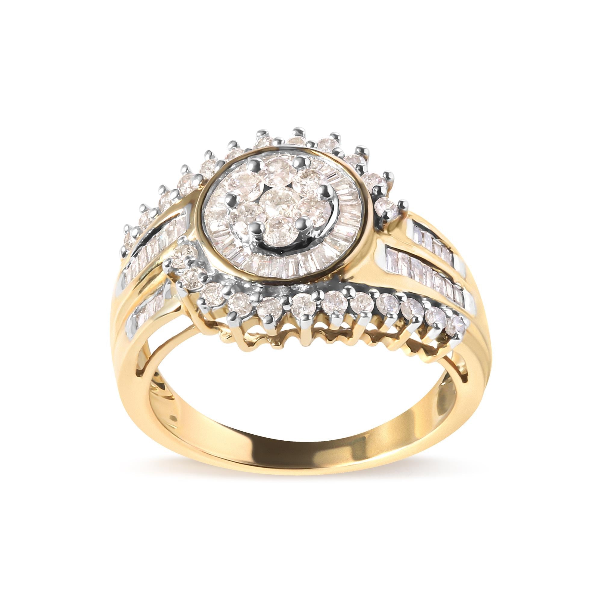 10K Yellow-Gold 1 Cttw Round and Baguette Cut Diamond Cluster Swirl Band Ring (H-I Color i1-i2 Clarity) - Ring Size 7 - Friggin Jewelry