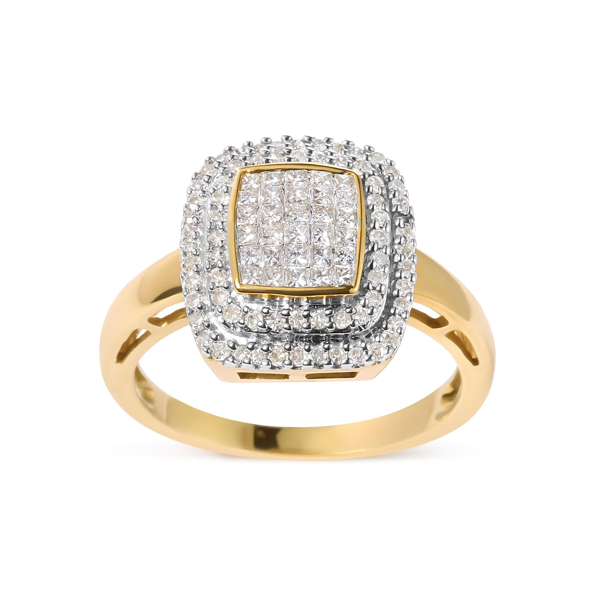 10K Yellow Gold 1/2 cttw Round and Princess Diamond Composite Head and Halo Ring (H-I Color, SI1-SI2 Clarity) - Friggin Jewelry