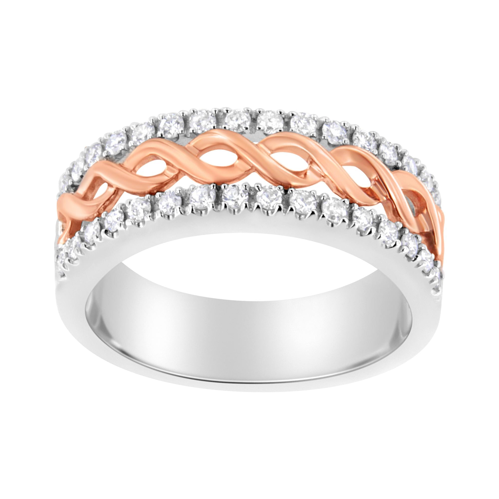 Anello con fascia a nastro infinito e gambo diviso in diamanti da 1/3 ct in oro bianco e rosa 10 carati (colore IJ, purezza I1-I2) - Friggin Jewelry