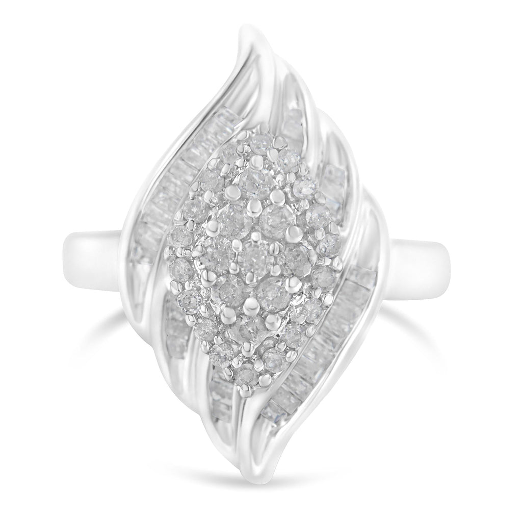 .925 Sterling Silver ¾ Cttw Round and Baguette Cut Diamond Stair-Stepped Cluster Waterfall Cocktail Ring (I-J Color, I2-I3 Clarity) - Friggin Jewelry