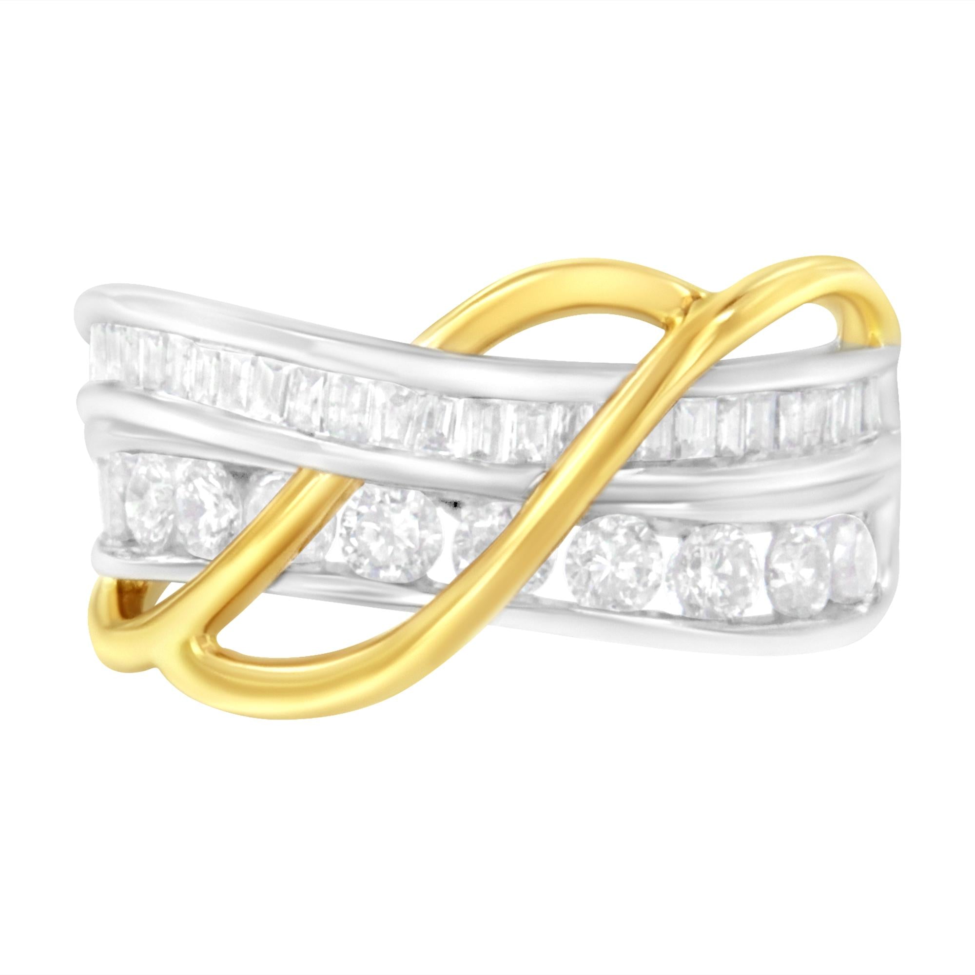 Anello a fascia bypass in oro bianco e giallo 10 carati con diamanti incastonati a canale da 1 1/10 ct (colore J, purezza I3) - Friggin Jewelry