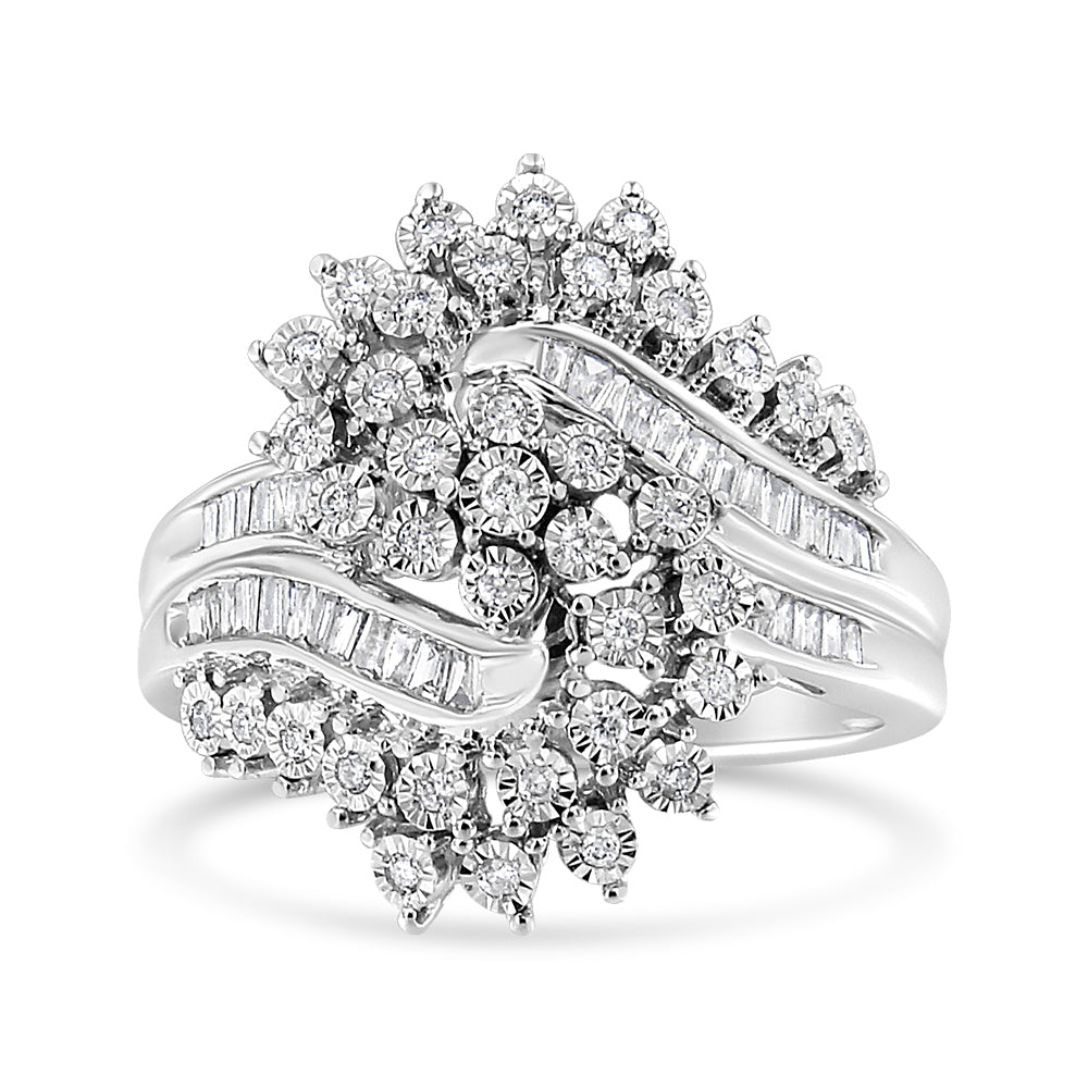 10K White Gold 1/2 Cttw Round and Baguette-Cut "S" Shaped Bypass Cocktail Ring (I-J Color, I1-I2 Clarity) - Friggin Jewelry