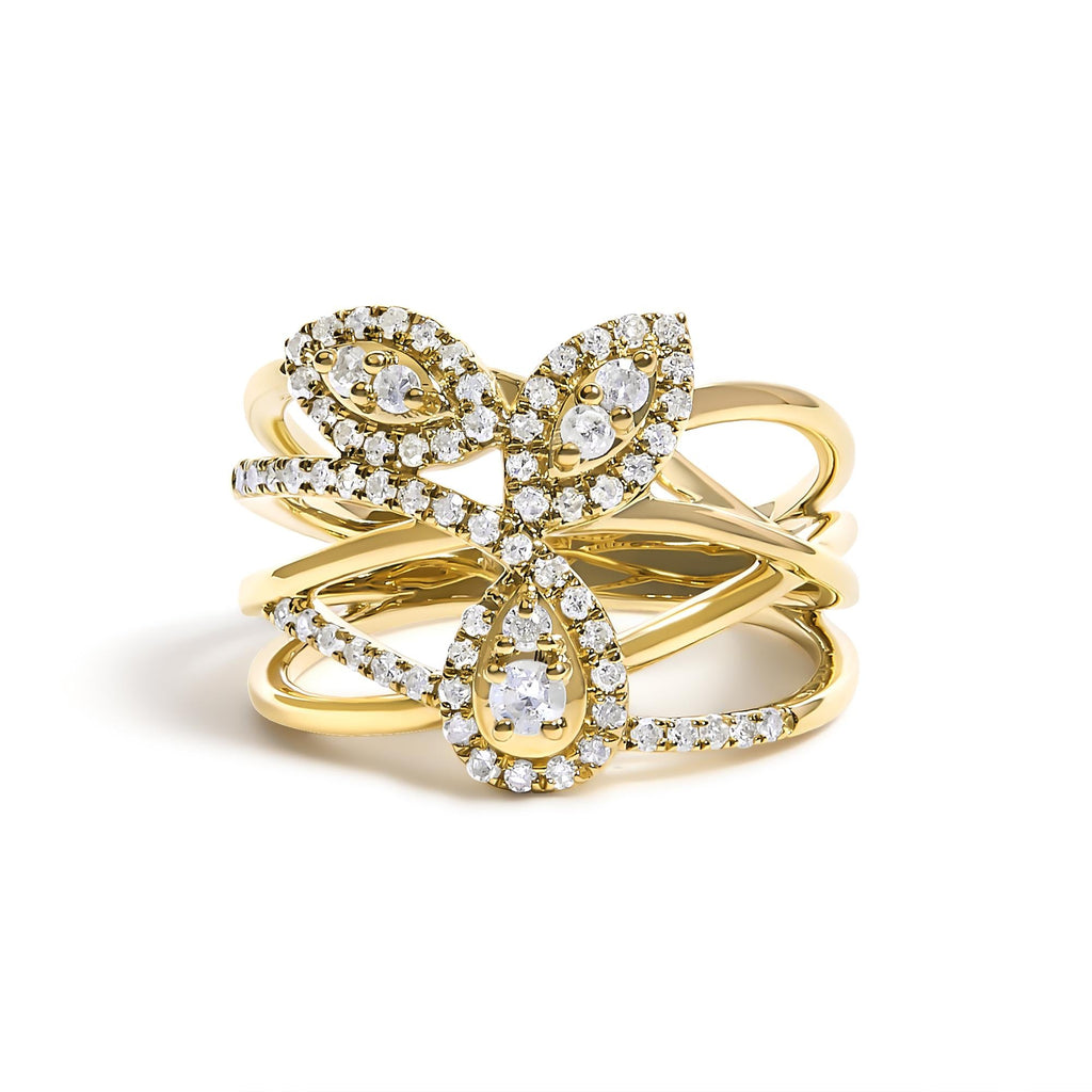 10K Yellow Gold 1/2 Cttw Diamond Crossover 3 Leaf Floral Cocktail Ring Band (H-I Color, SI1-SI2 Clarity) - Friggin Jewelry